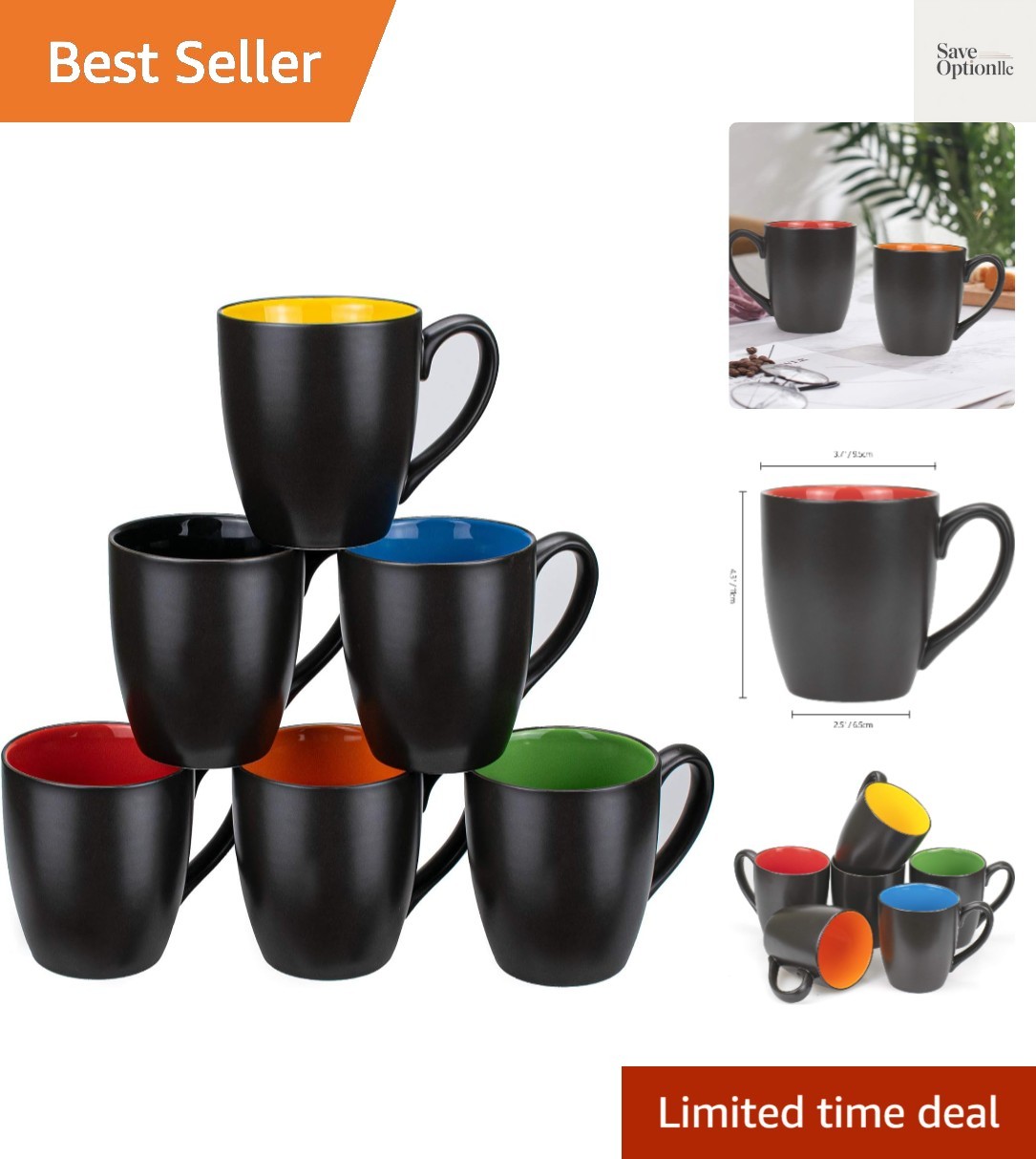 Set of 6 Coffee Mugs 16 Ounces Matte Black Porcelain Mug Set Large-sized Cera…