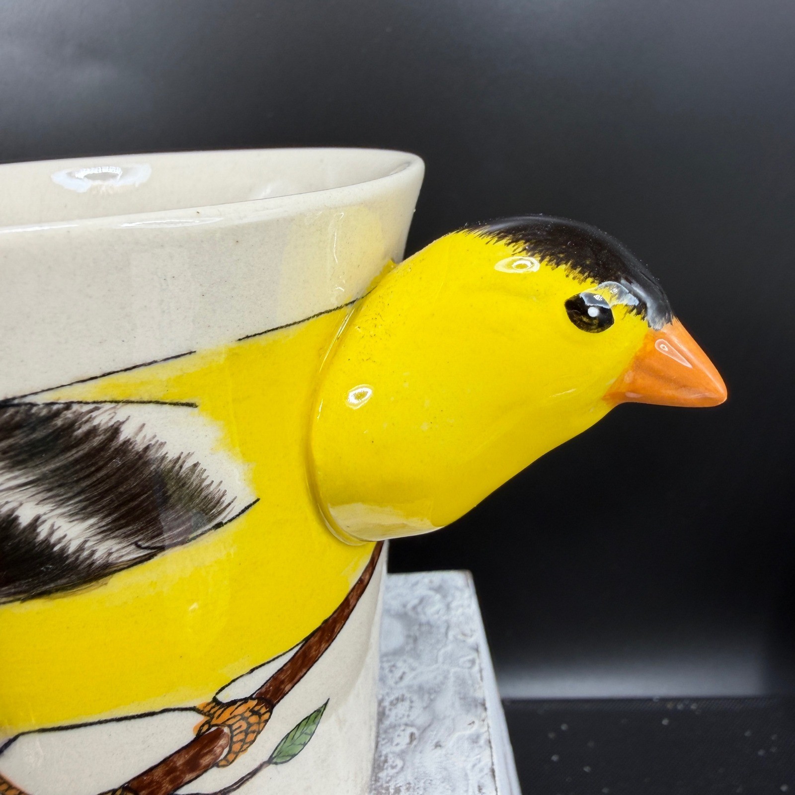 Hand Painted Goldfinch Bird Coffee Mug 3D Handle Ceramic Tea Cup Thailand 3.5in