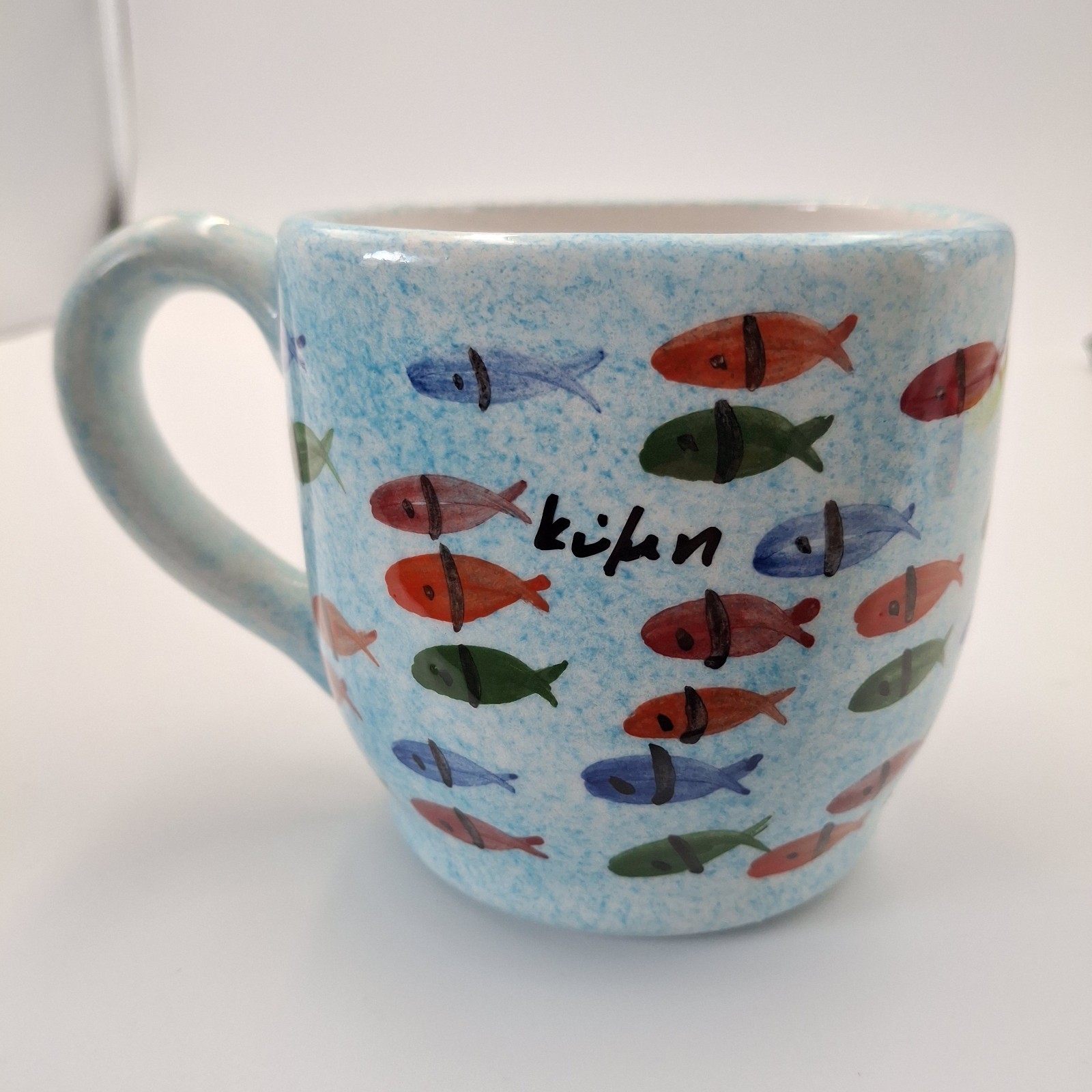Signed Kühn Ceramic Mug School of Fish Handpainted Mid Century Modern Style