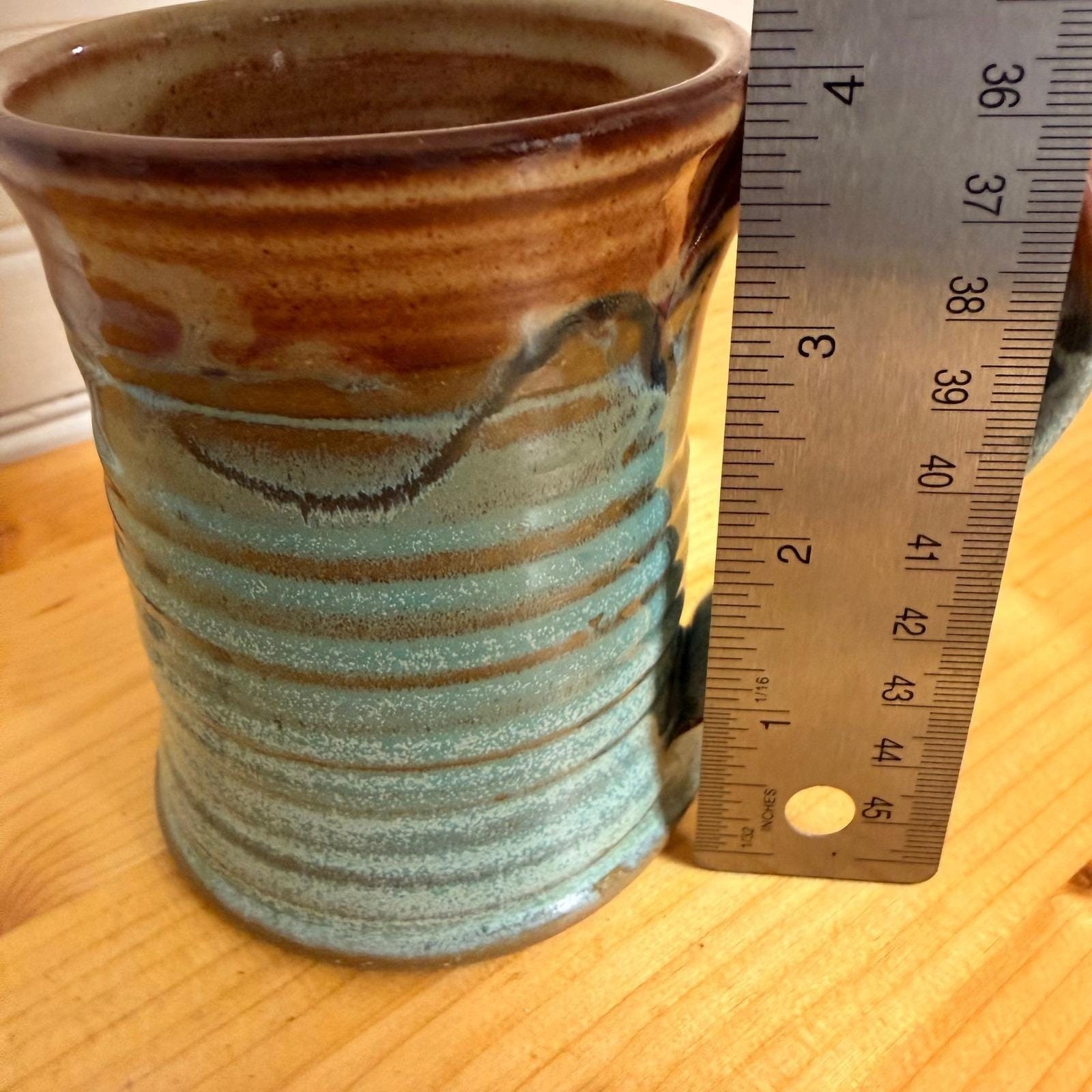 Handmade Studio Art Pottery Mug Turquoise Brown Glaze Cozy Rustic CoffeeTea 10oz