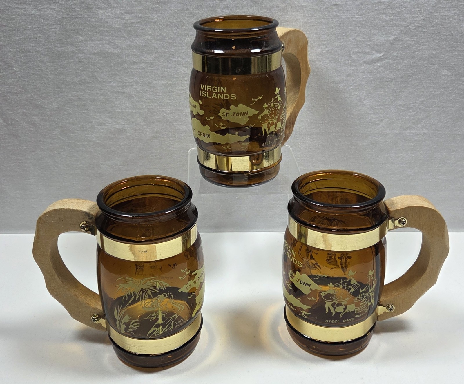 Vintage Amber Glass Set Of 3 Virgin Islands Beer Barrell Mug With Wooden Handle