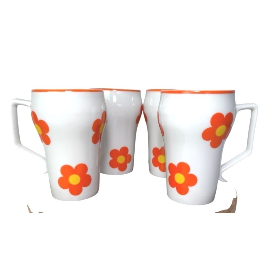 Vintage Retro Orange Daisy Floral Ceramic Mugs Set of 4 Mid Century Modern 5in