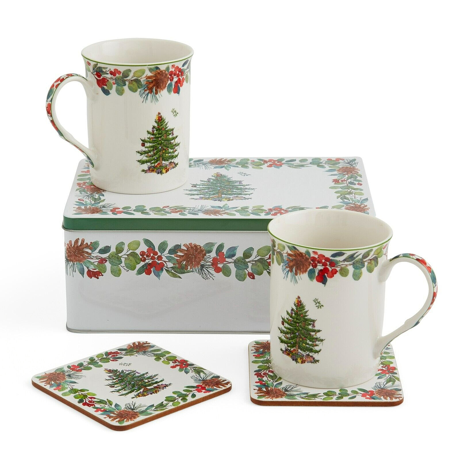SPODE, “CHRISTMAS TREE” 5 PIECE GIFT SET IN HOLIDAY TIN, 2 MUGS & 2 COASTERS