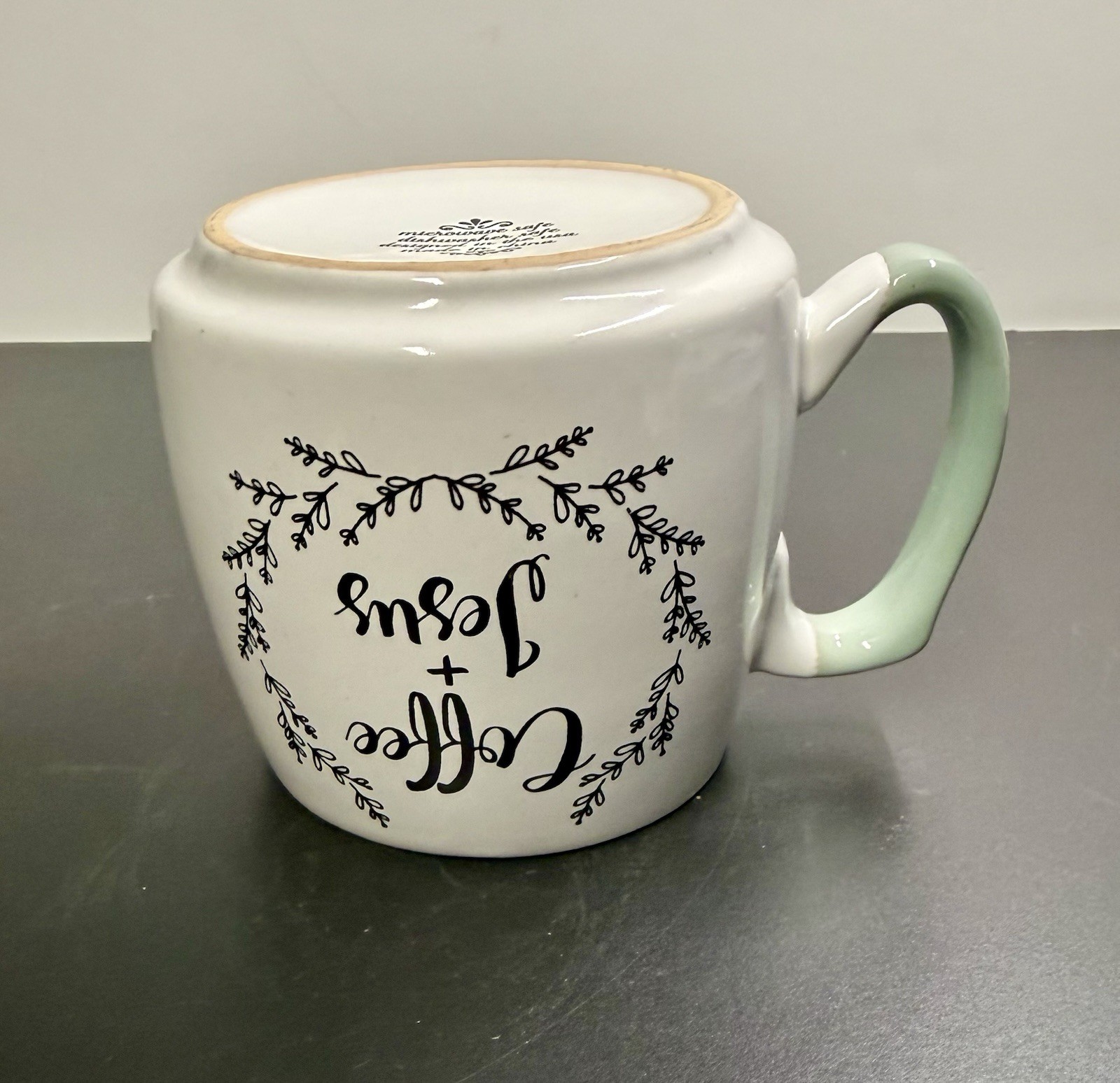 Coffee & Jesus Large Seafoam Green & White Ceramic Mug 16.0 oz 4.0” Cross Inside