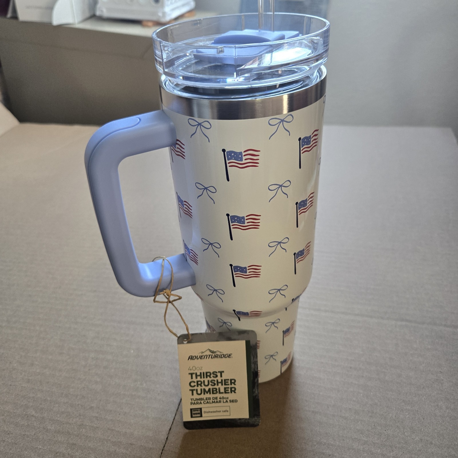 !!Patriotic Flags & Bows 40oz Thrist Crusher Handle Tumbler w/Straw