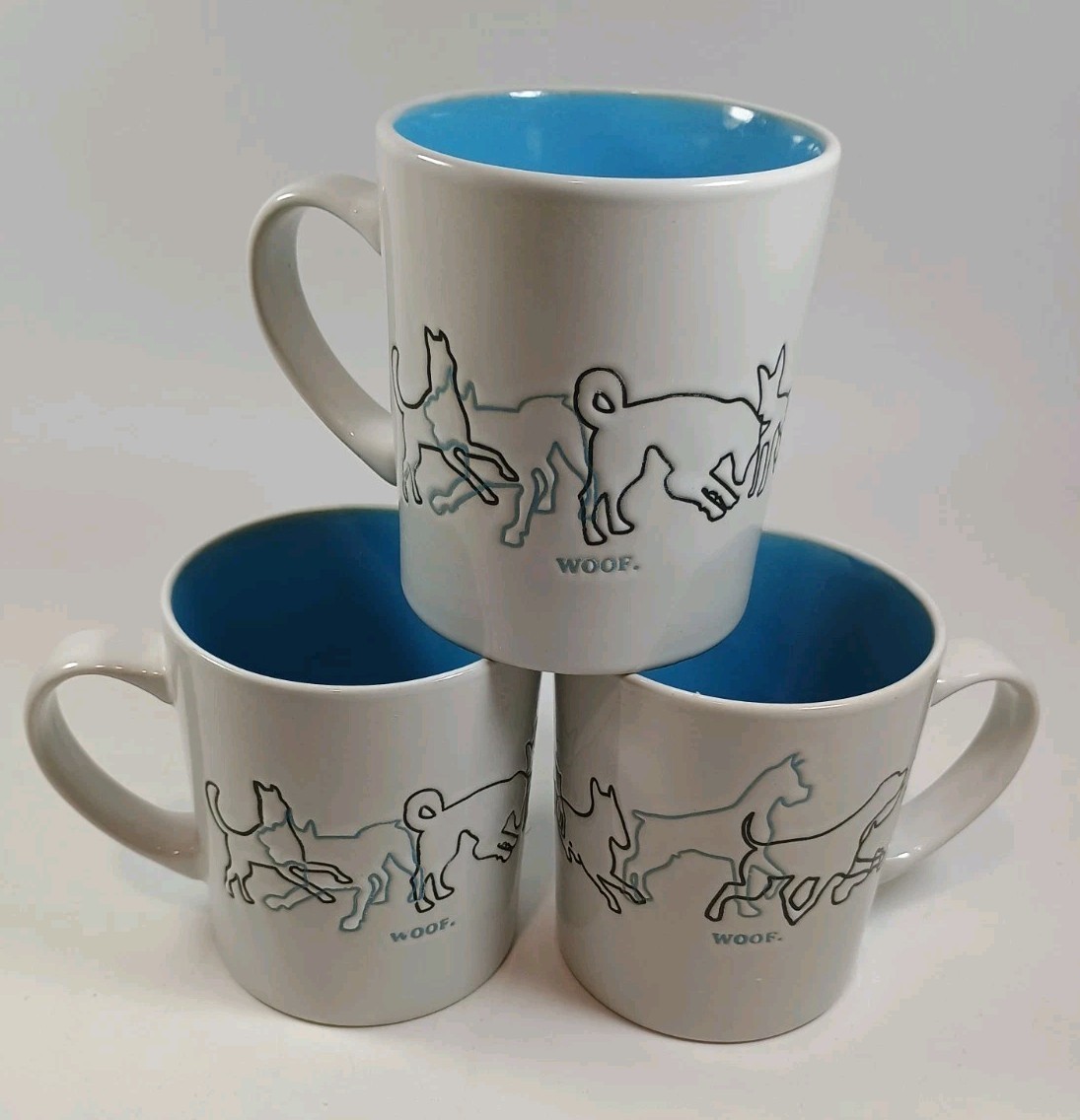 Lot Of 3 Mainstays Ceramic Woof 12 Oz Coffee Mug White Dog Outlines Blue Inside