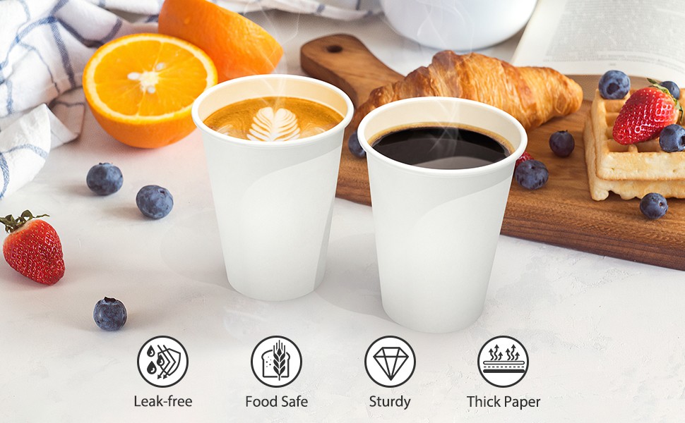 Coffee Cups, Leak-Free Food Safe Paper Cups, Disposable White Paper Cups for