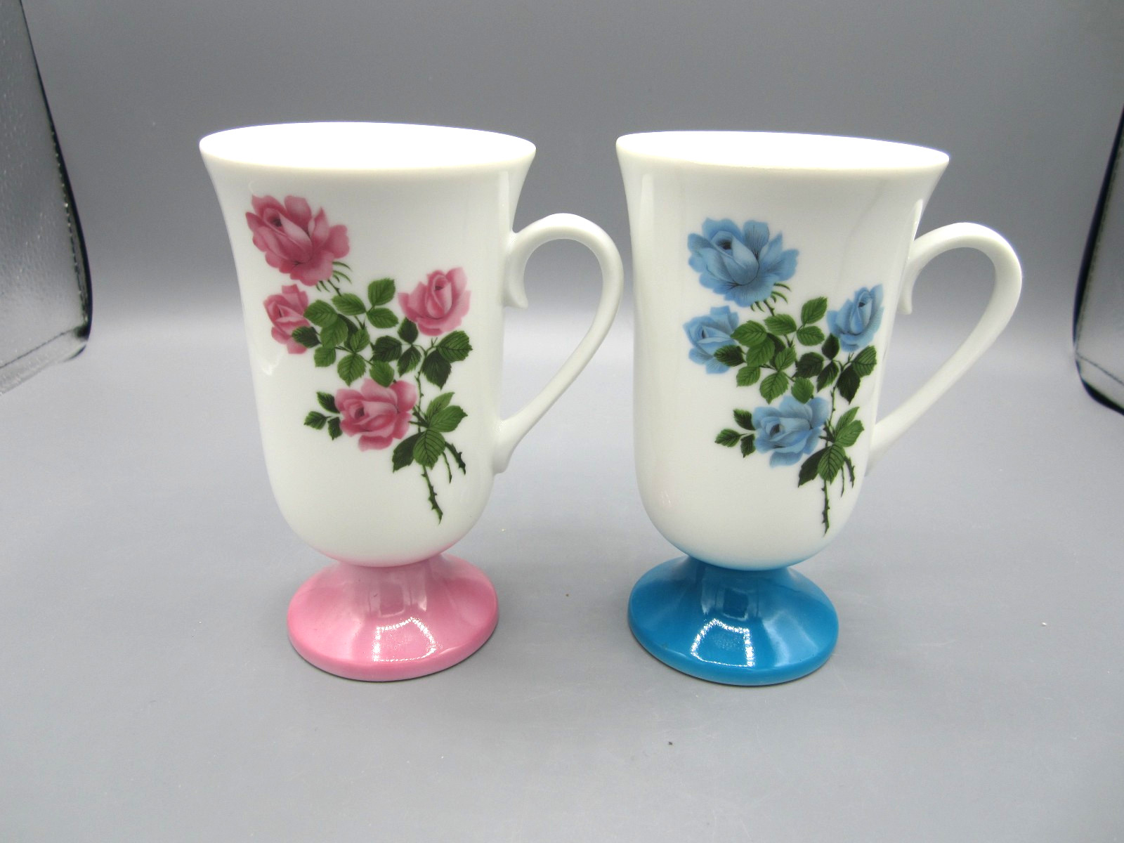 Pair of Footed Japan White Pink Rose, Blue Rose Coffee Tea Cup 9 oz. (577)