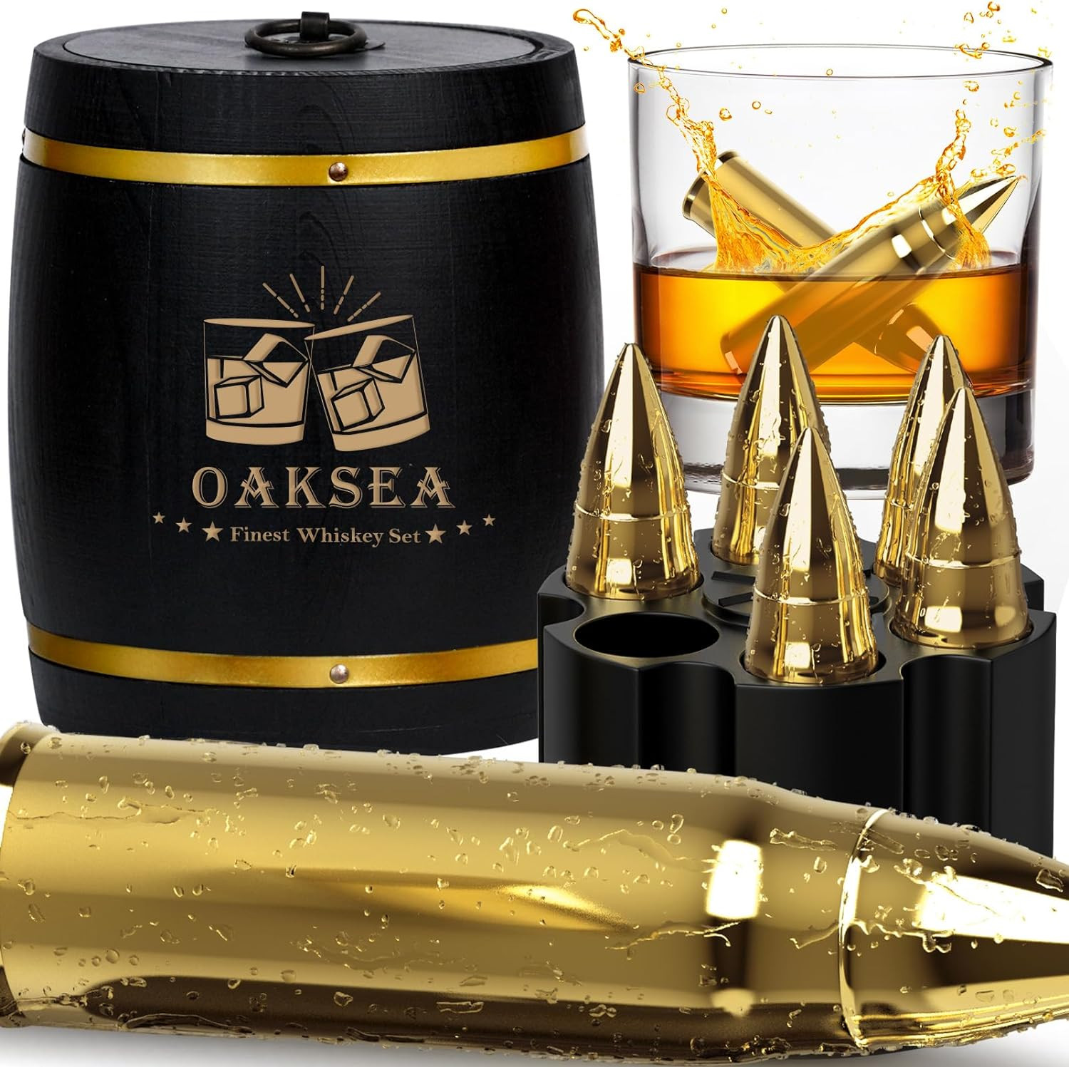 OAKSEA Whiskey Barrel with Whiskey Stones that are bullet shaped + Holder + Bag