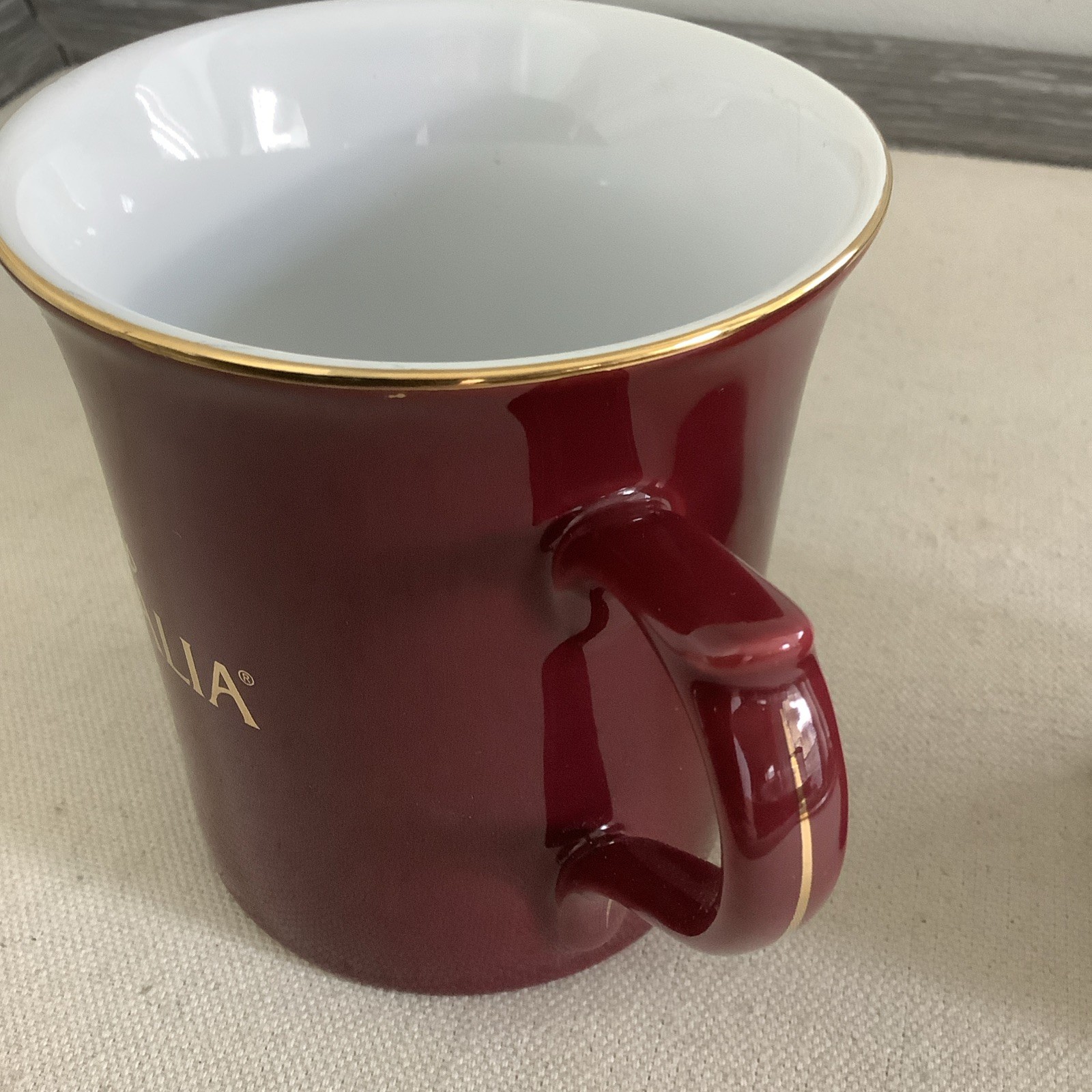 NWOT Set (2) GEVALIA 10oz Burgundy Porcelain Coffee Mug w/ Gold Rim & Lettering