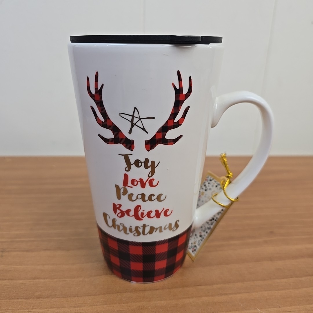 Godinger Ceramic Christmas Travel Mug with Lid Gatherings Buffalo Plaid Deer Joy