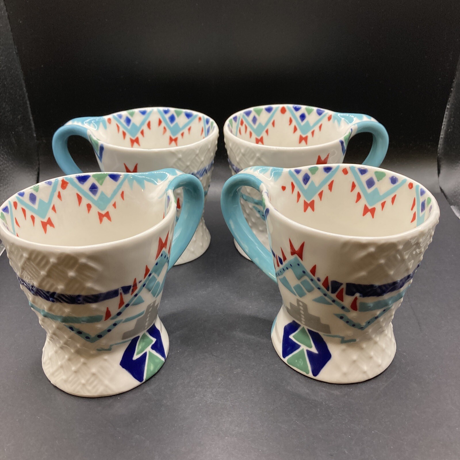 Set Of 4 Aztec Print Hand Painted Footed Coffee Mugs Tribal VShaped Unbranded