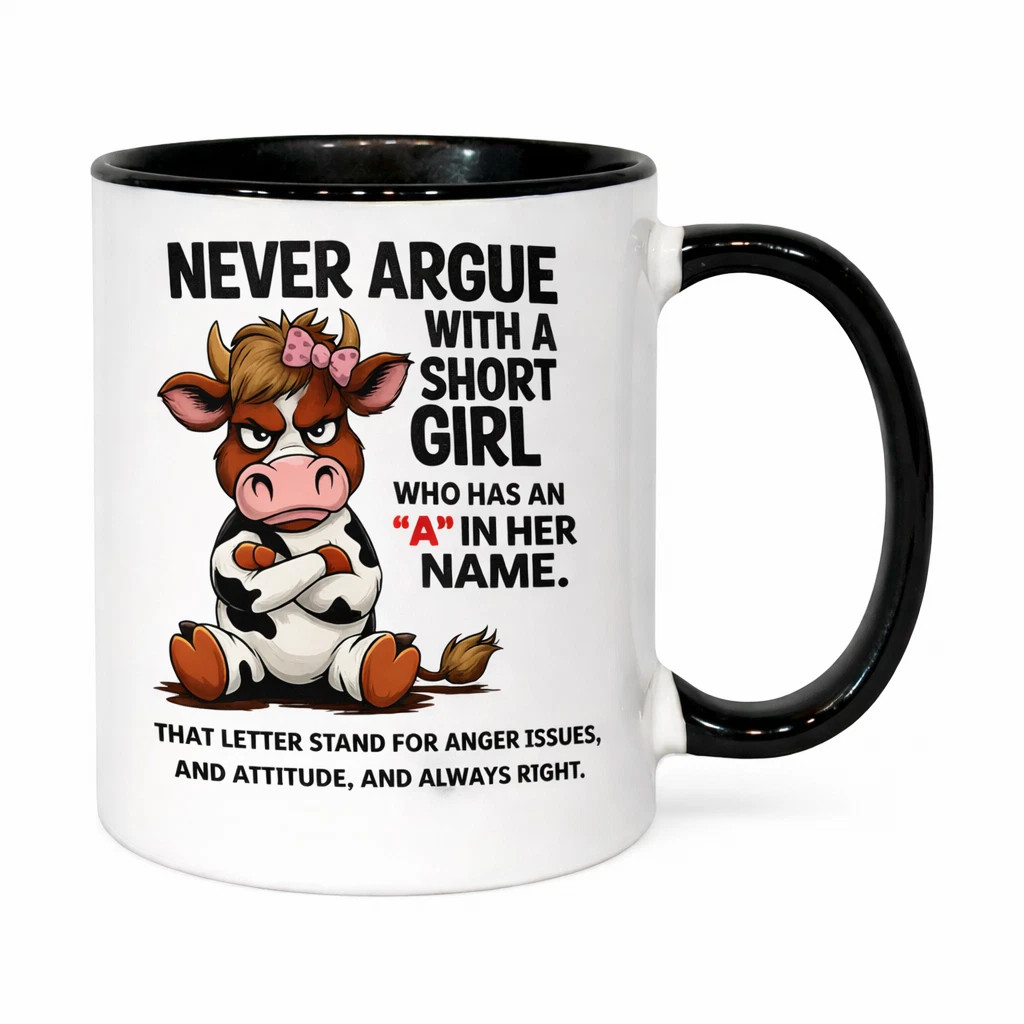 Never Argue With a Short Girl Mug – Funny Cow Coffee Cup