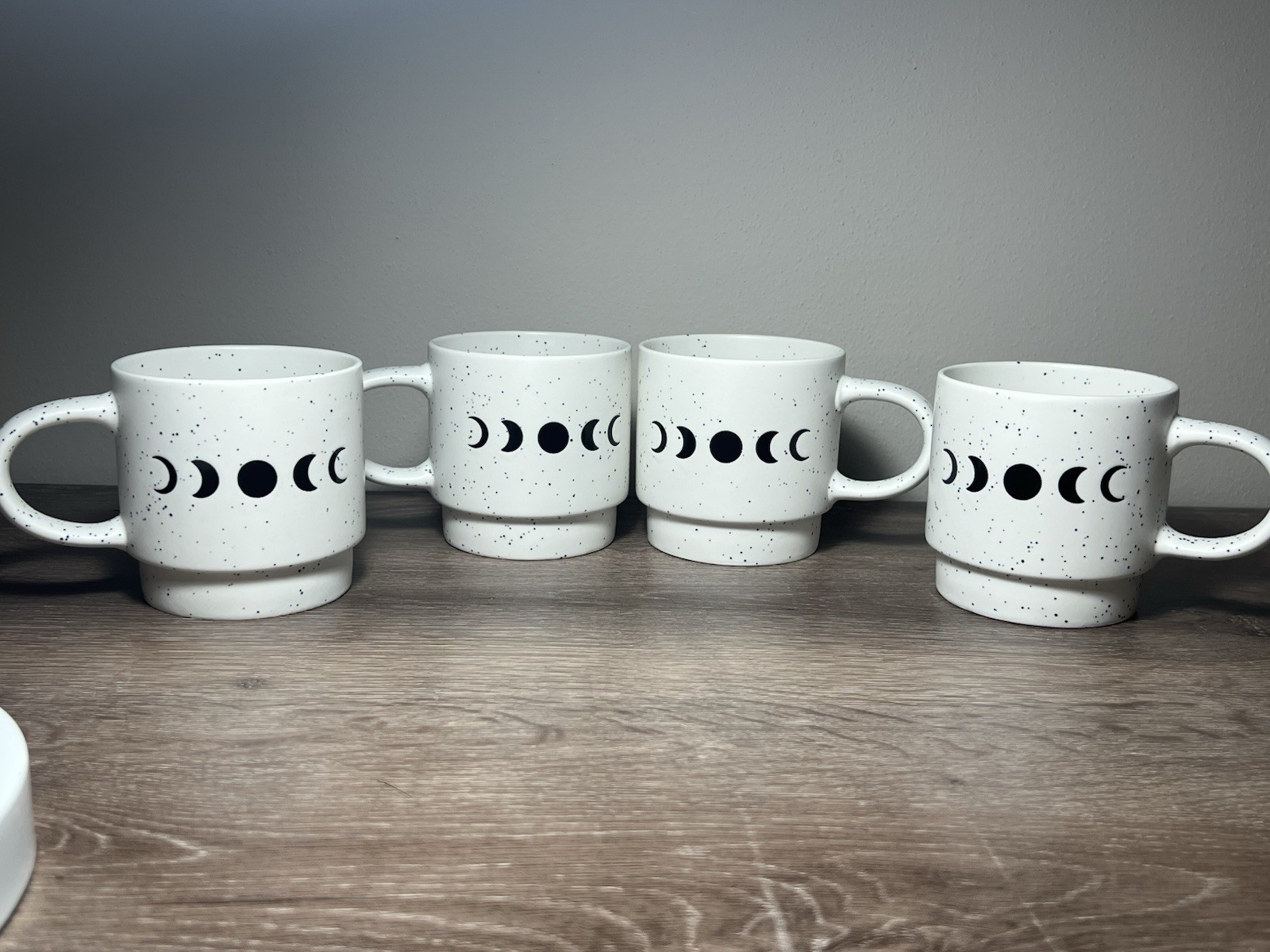 Set Of 4 Market Finds Phases Of The Moon White With Black Speckles Coffee Mugs