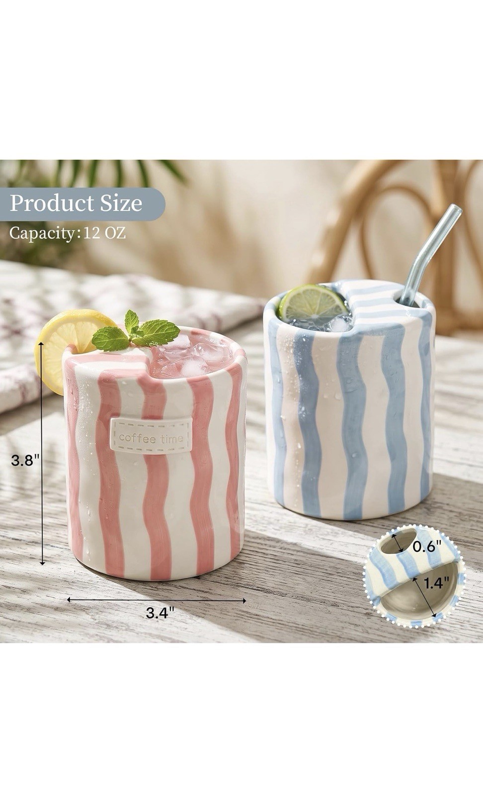 Ceramic Coffee Mug Set 2 Pack 12oz Travel Cups Sip Lid Blue Pink Striped