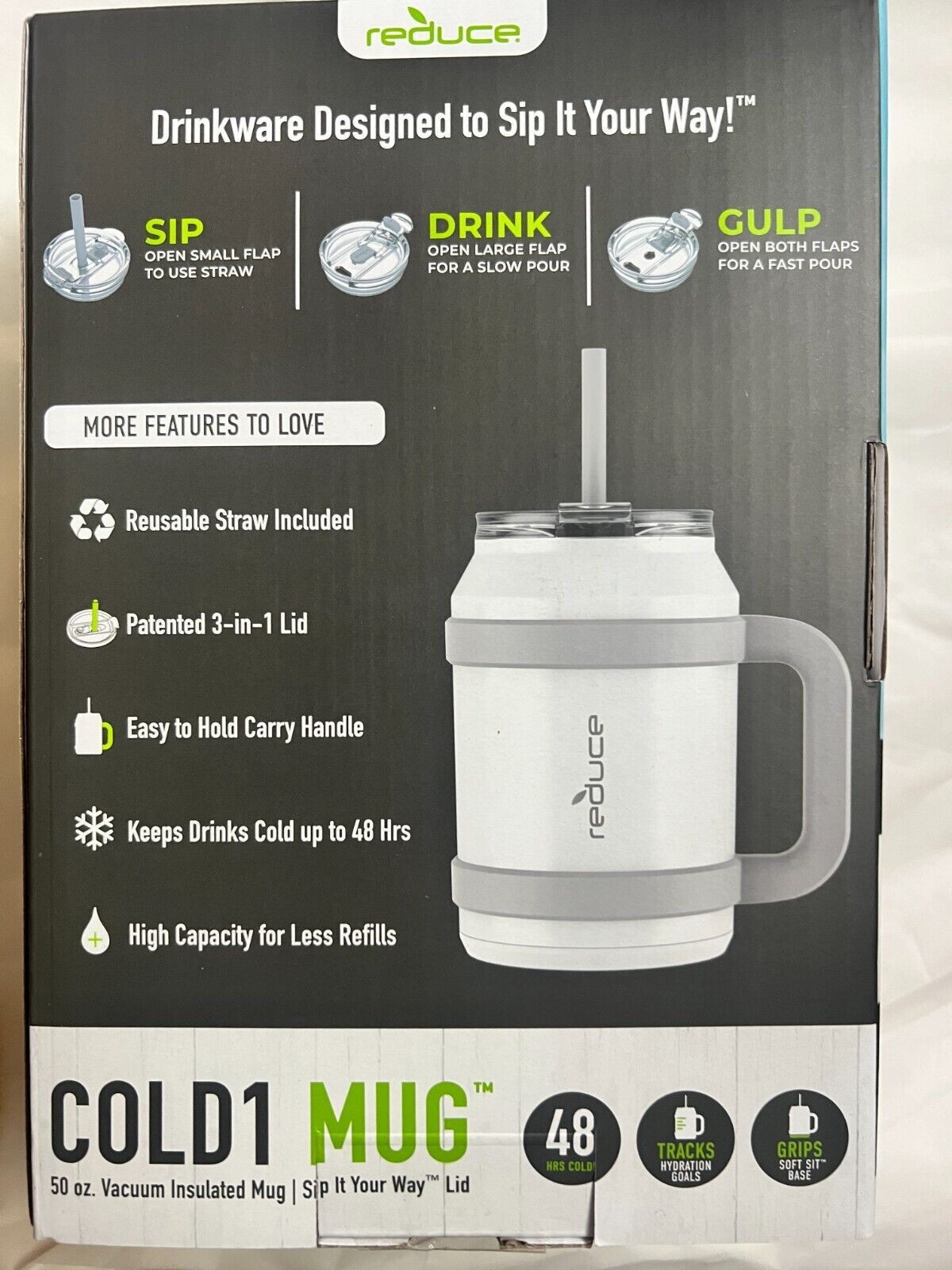 REDUCE Cold1 Mug 50 oz Tumbler with 3-in-1 Lid, Handle and Straw Stainless Steel