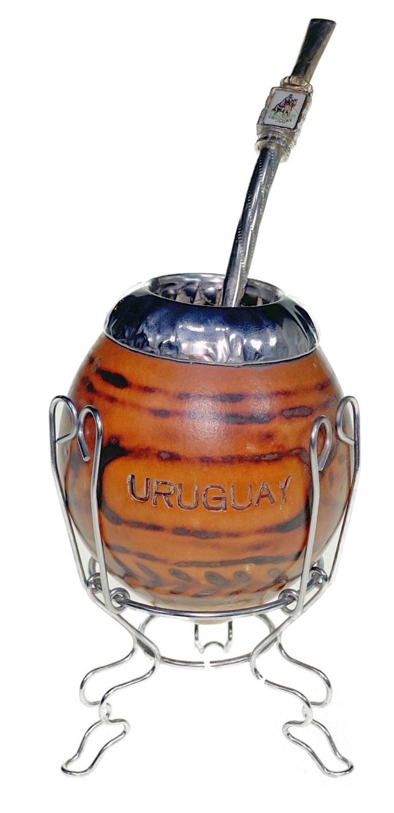 Gourd Cup with Filter Straw on Stand Uruguay Folk Art Yerba Mate Tea