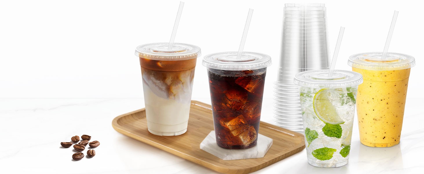 Clear Plastic Cups with Lids and Straws, Disposable Plastic Coffee Cups with