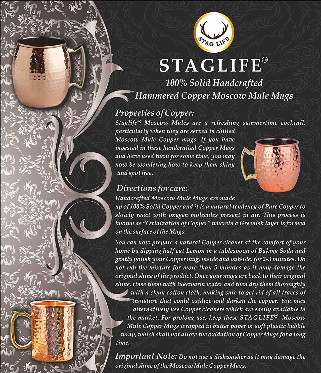 STAGLIFE 16 Oz Black Moscow Mule Mugs Pure Copper 2 Count (Pack of 1),