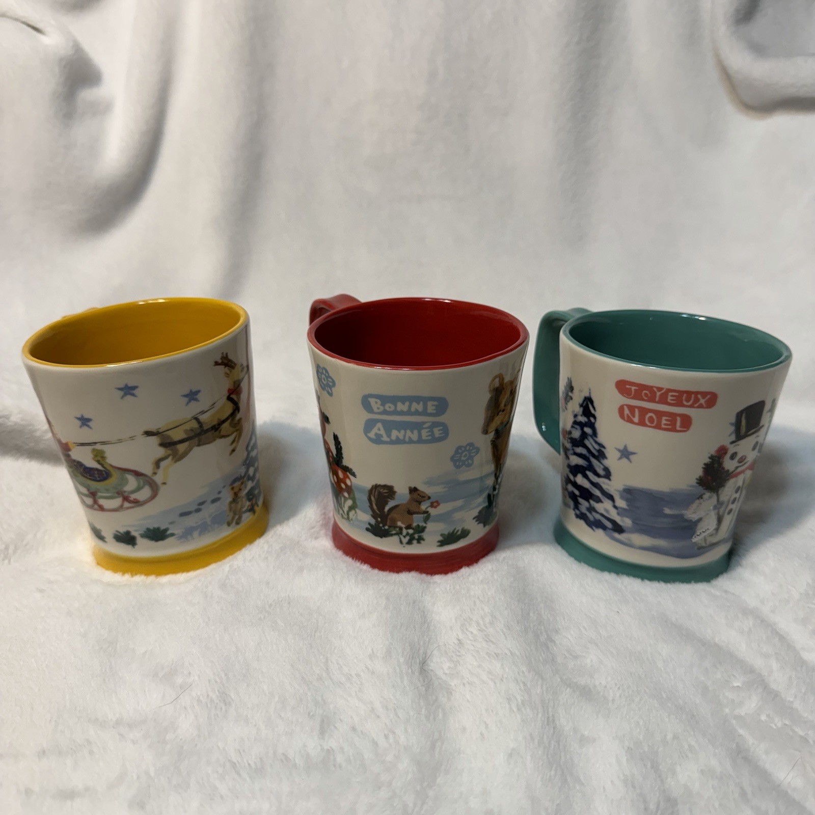 Anthropologie Nathalie Lete Holiday Mugs Set of 3 Christmas Bonne Annee Noel