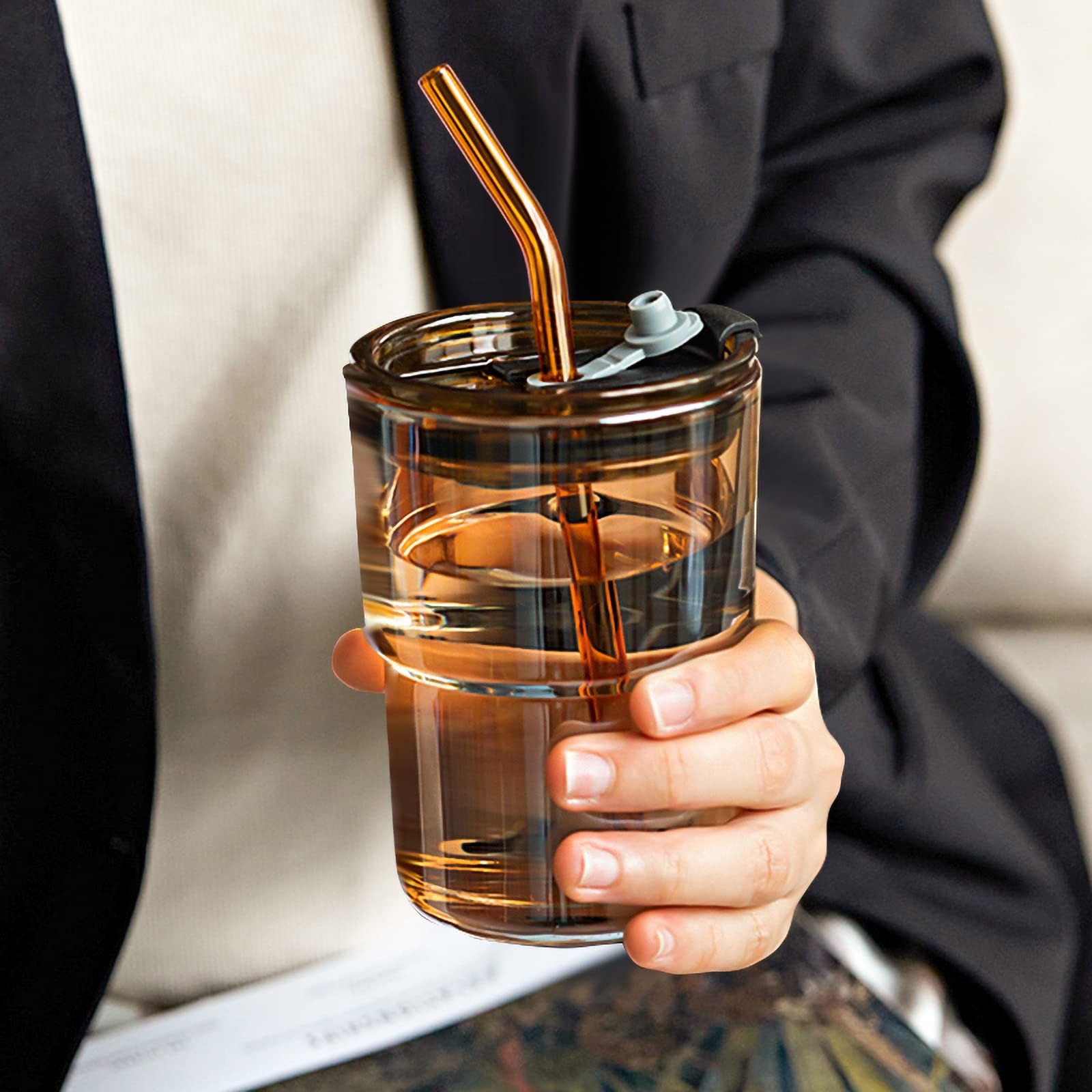 Bluepolar 13oz Amber Insulated Glass Tumbler with Straw & Lid