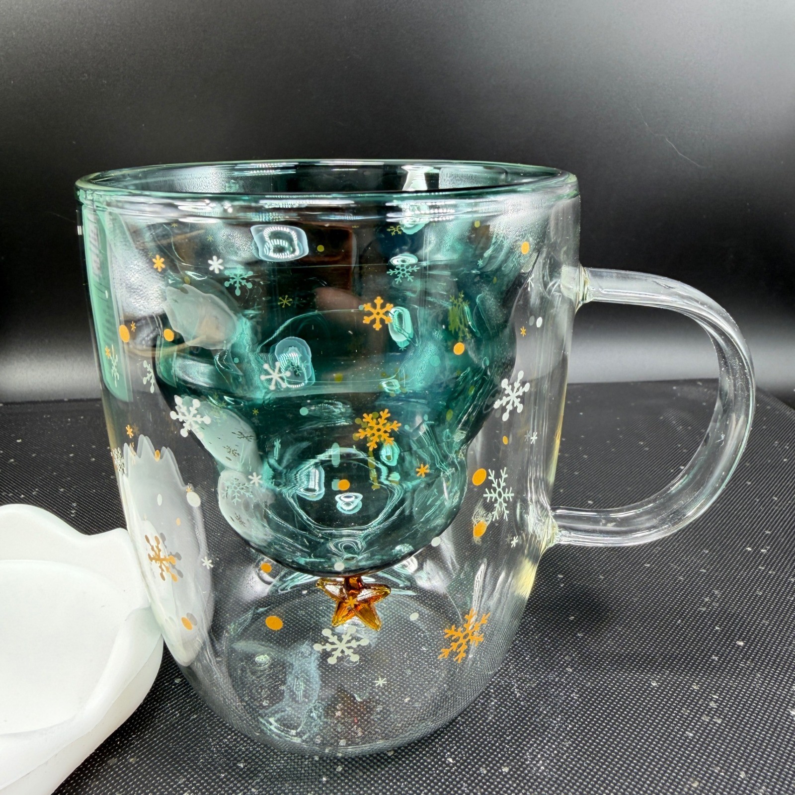 Christmas Tree Double Wall Glass Mug 250ml Teal Green Snowflake Insulated Cup