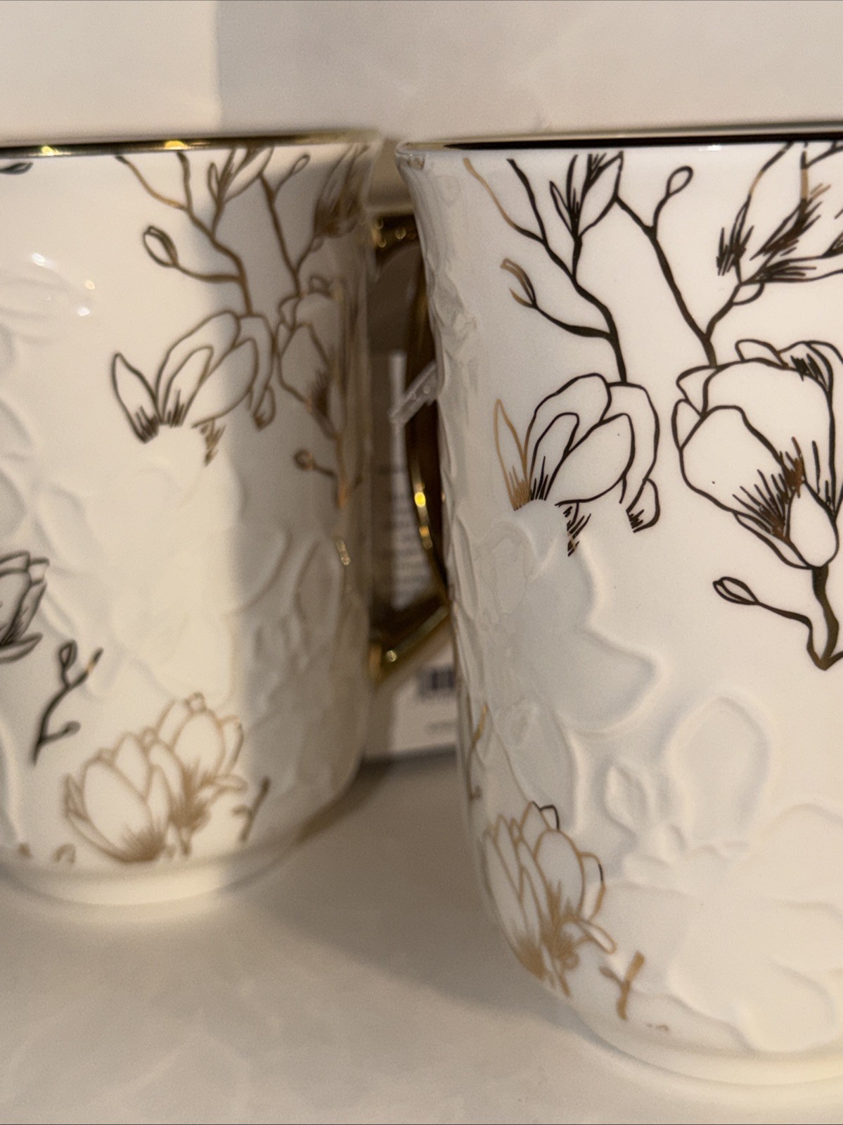 PAPYRUS Embossed Floral Design Ceramic Mugs with Gold-Tone Rim&Handle Set of 2