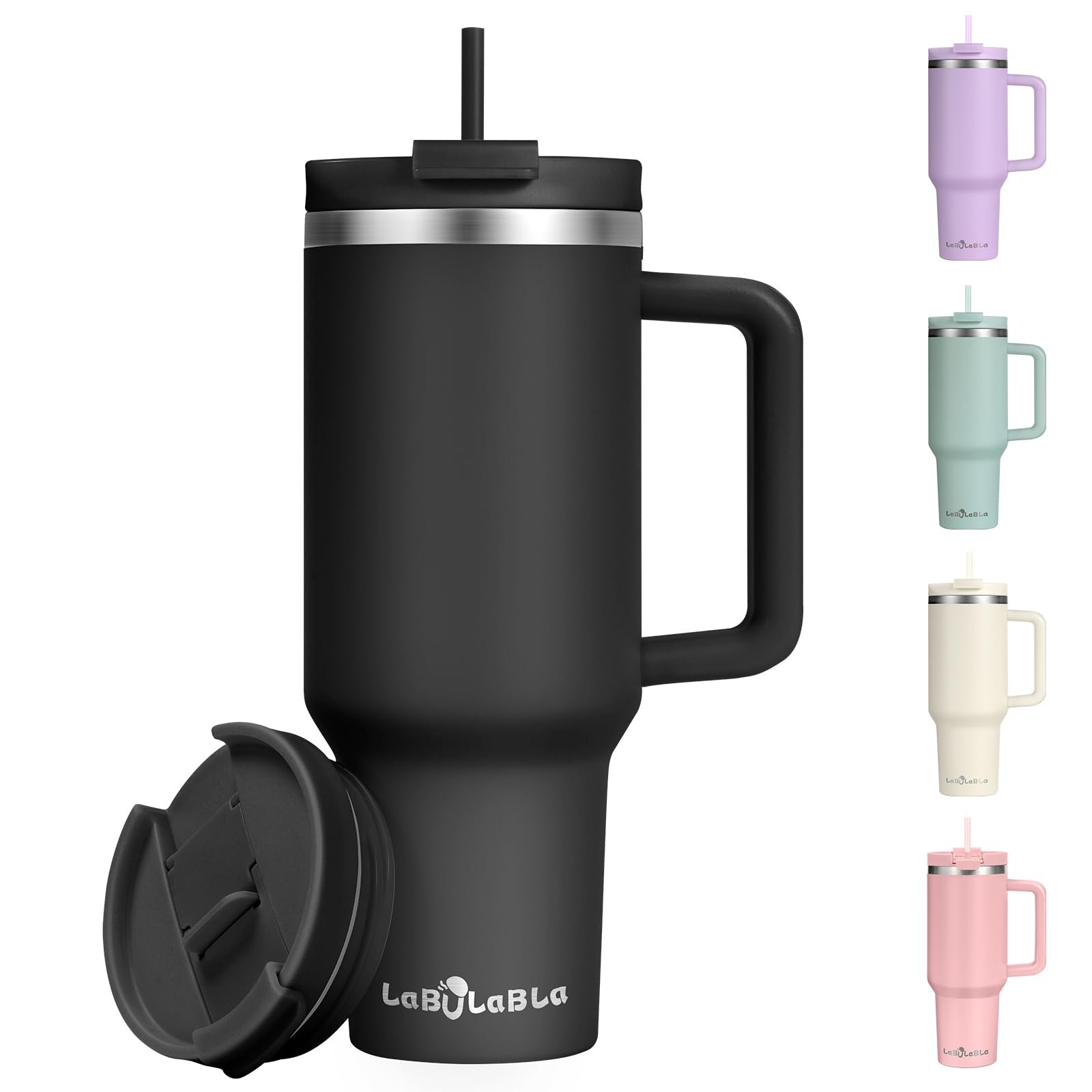 40oz Stainless Steel Tumbler with Handle, Straw & Leak~Proof Lid, Black