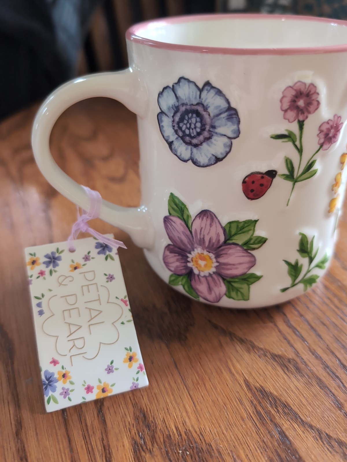 Petal & Pearl Spring Flowers Floral Lady Bug 22 Oz Ceramic Coffee Tea Mug Gift