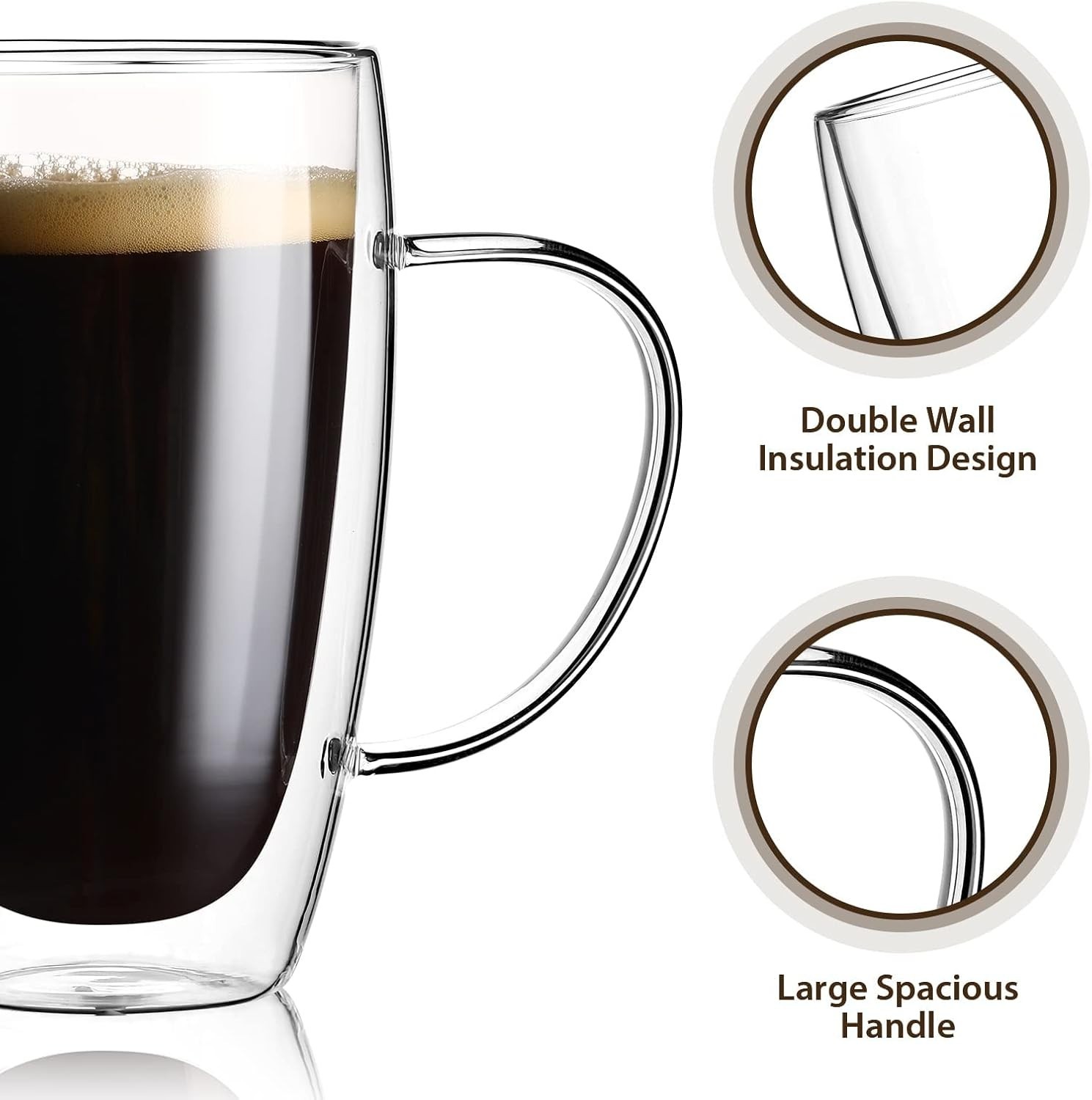 2-Pack 15 Oz Double Walled Glass Coffee Mugs with Handle,Large Insulated Laye…