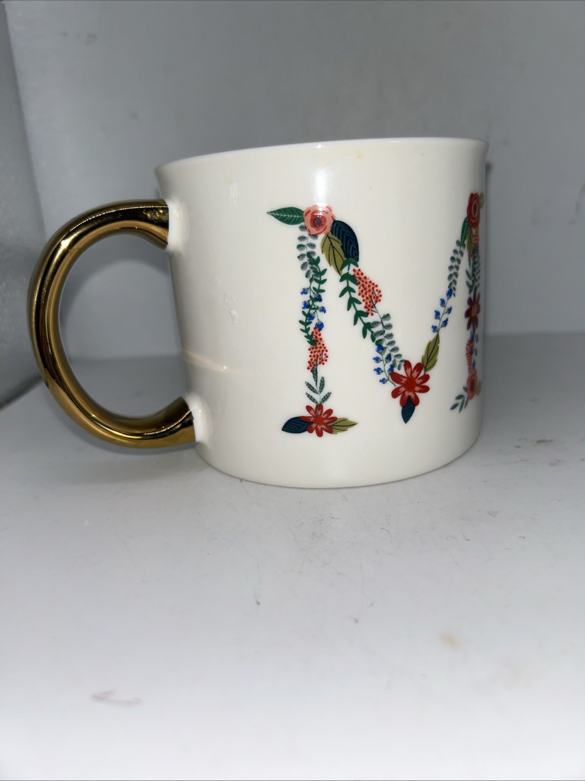 Opalhouse Porcelain Coffee Mug Floral Monogram M Microwave Dishwasher Safe Gold