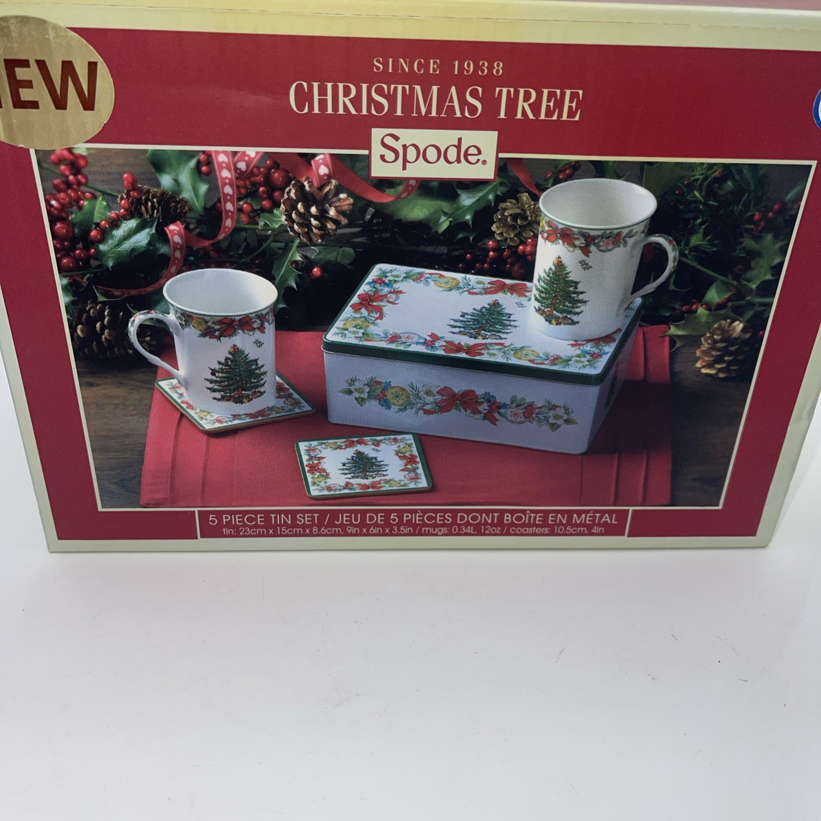 Spode Christmas Tree 5 Piece Tin Set, 2 Mugs 2 Coasters And Tin NIB