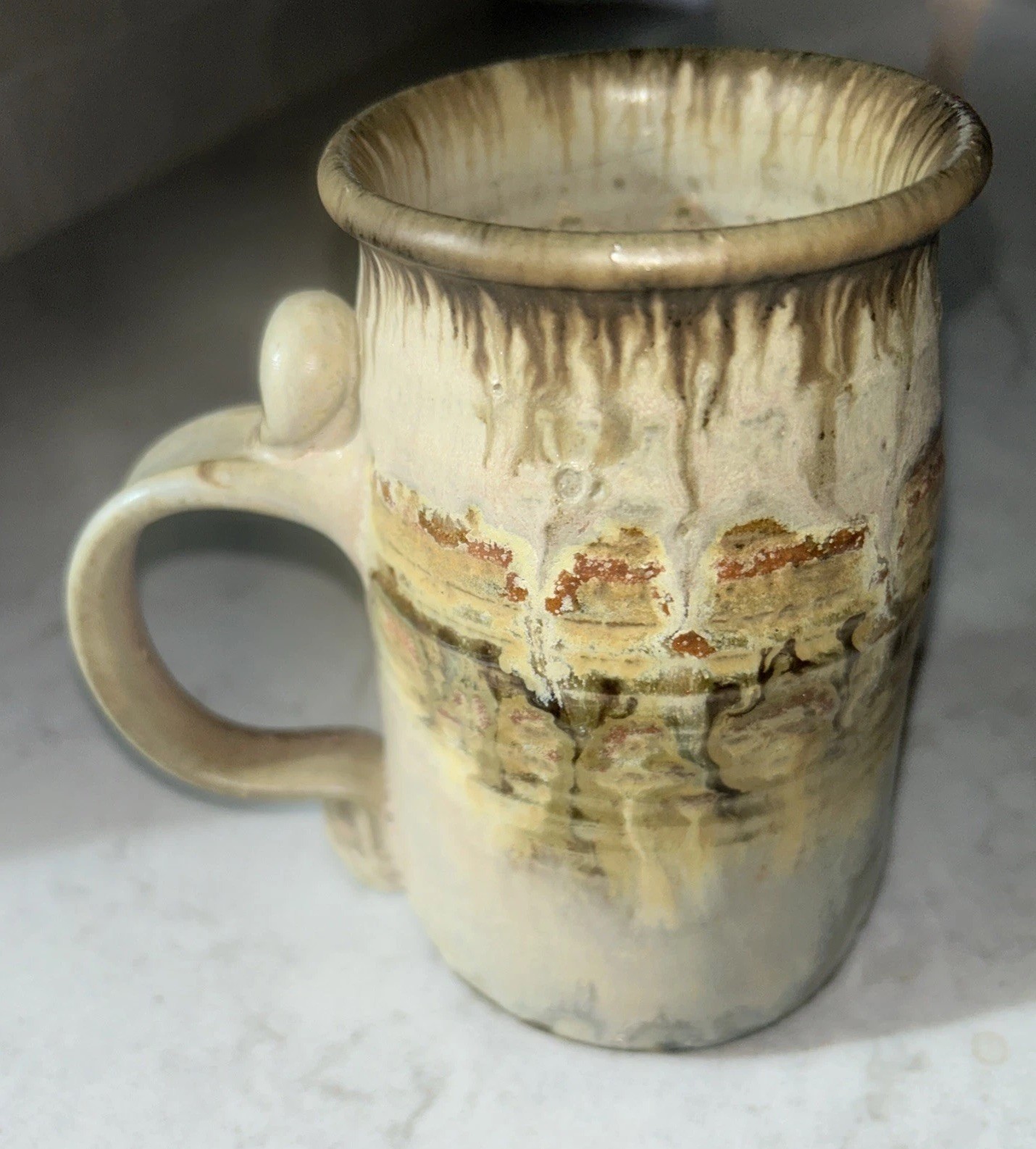 Hand Thrown Studio Pottery Drip Glazed Coffee Mug Stein Artist Signed 16 Oz.