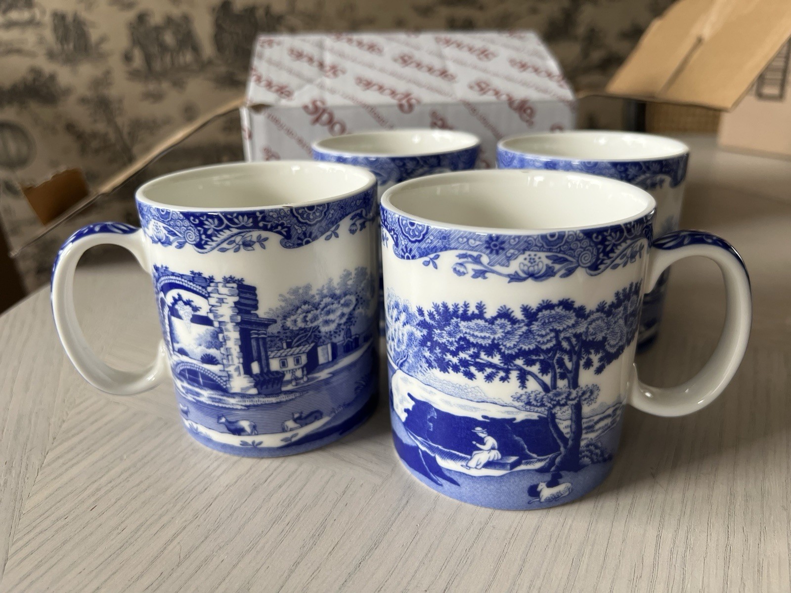 Spode Blue Italian 9 oz Coffee Mugs, Set of 4, Fine Porcelain – Blue White