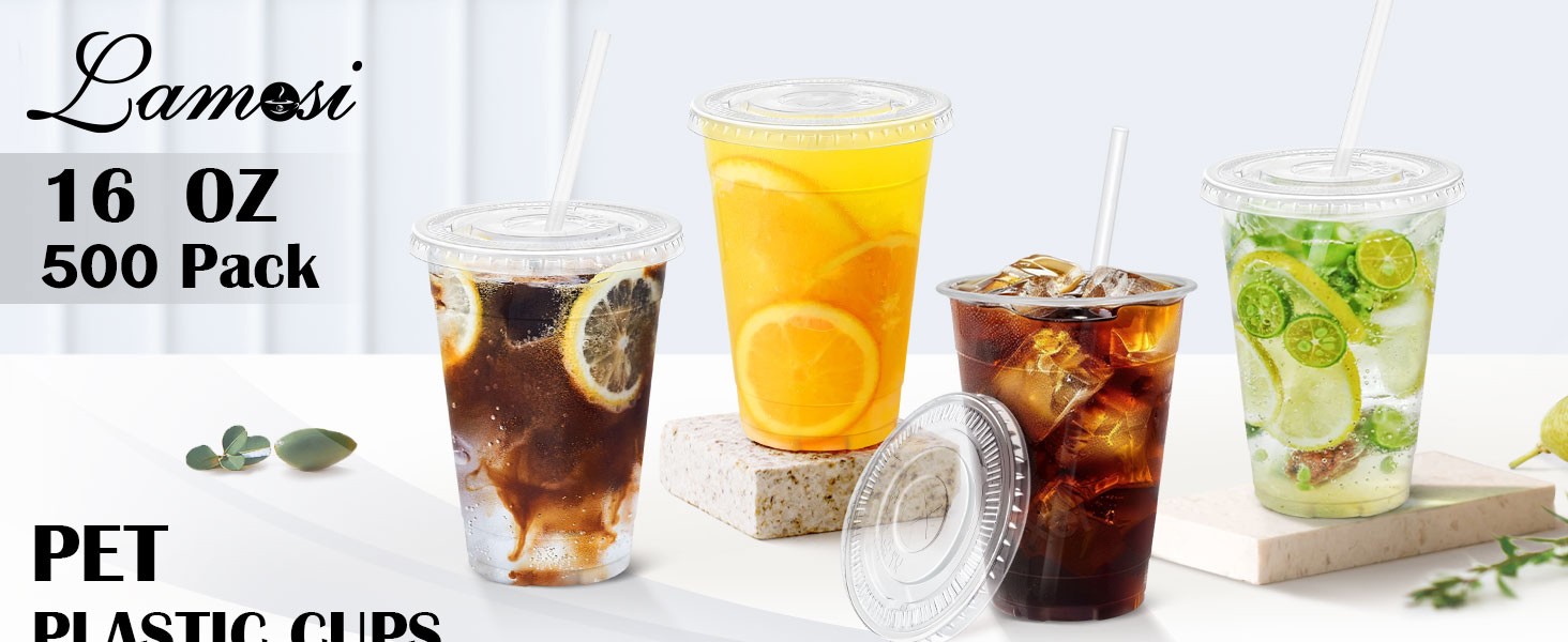 Clear Plastic Cups with Lids and Straws, Disposable Plastic Coffee Cups with
