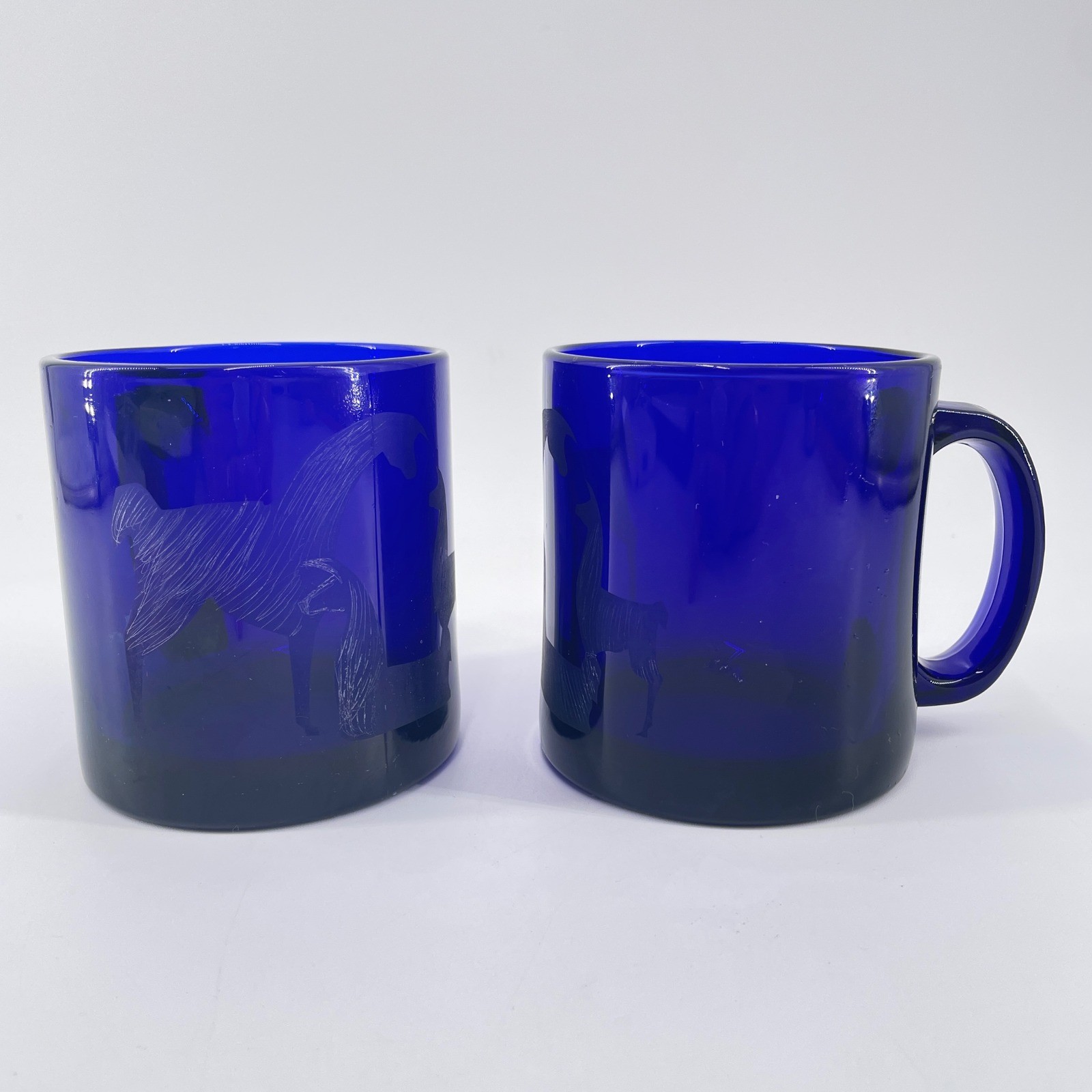 Cobalt Blue Mugs Studio Glass Etched Alpaca Signed Baes Limited 002/97 Set 2