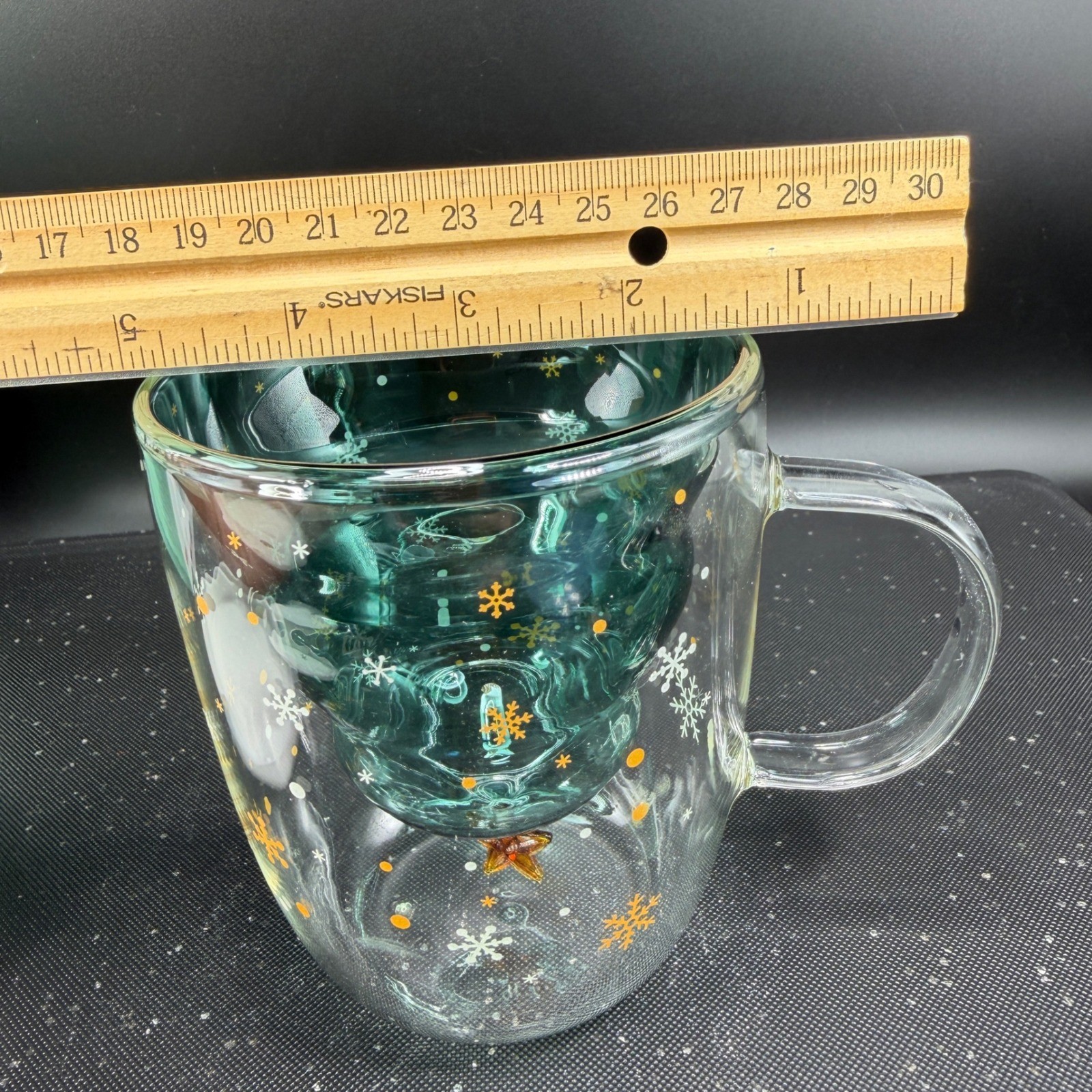 Christmas Tree Double Wall Glass Mug 250ml Teal Green Snowflake Insulated Cup