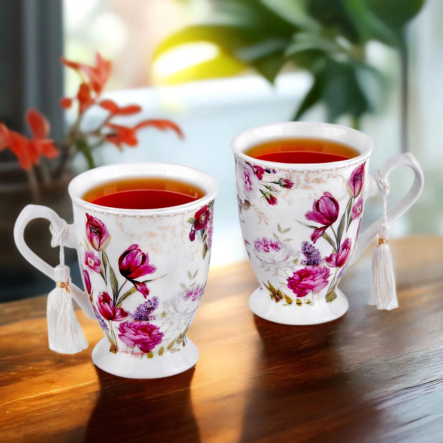 STPGOODS Tulip Bone China Mug Porcelain Cup Coffee Tea Mug Flowers Mug 9.5 oz