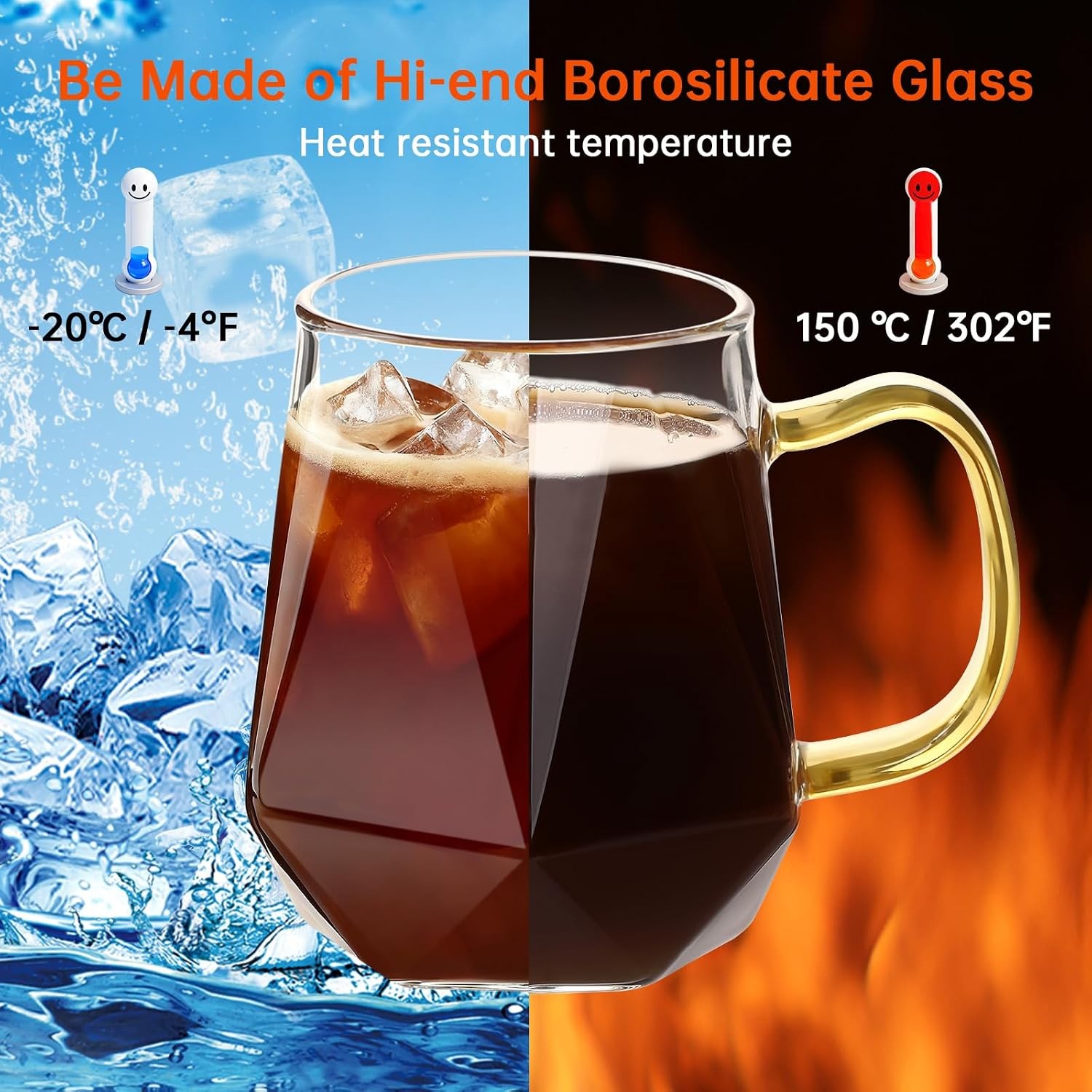 Glass Coffee Mugs 12oz with Handle and Spoon, Set of 2 | 350ml Glass Coffee Cups