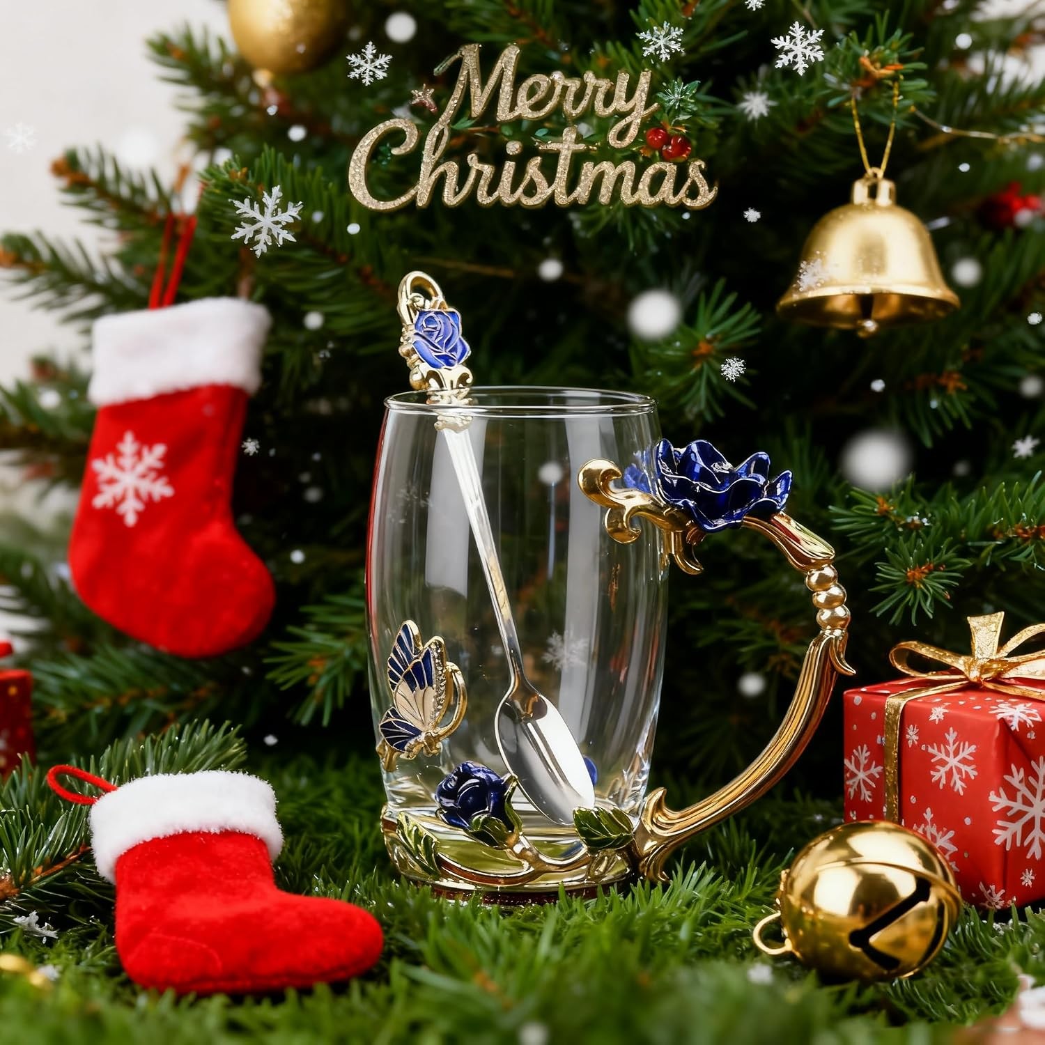 Gifts for Mom Women Unique Blue Tea Mug With Spoon Set & Flower Decoration –