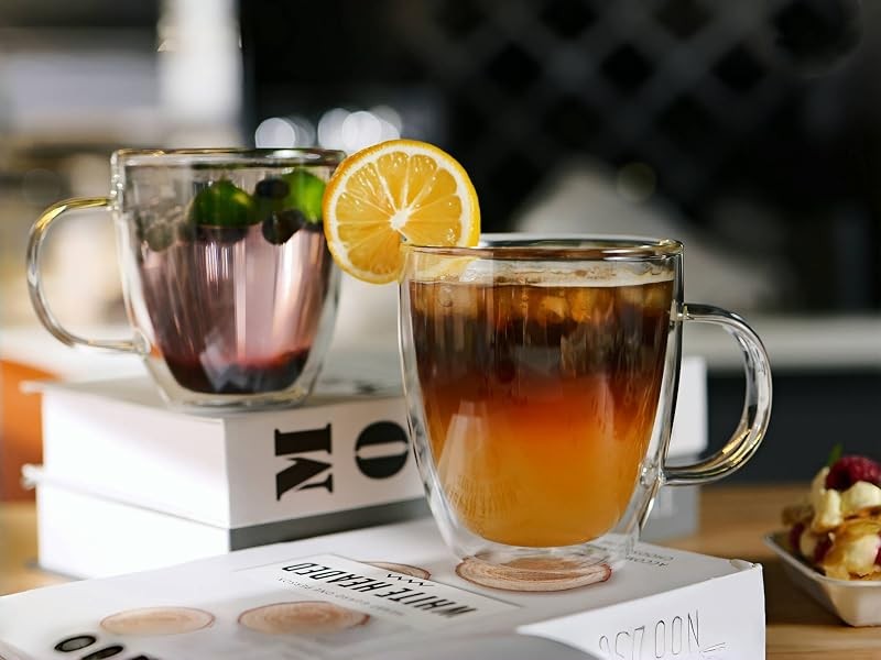 Insulated Espresso Glass Mugs 5.4oz/160ml, Small Clear Coffee Mugs Set of 2,
