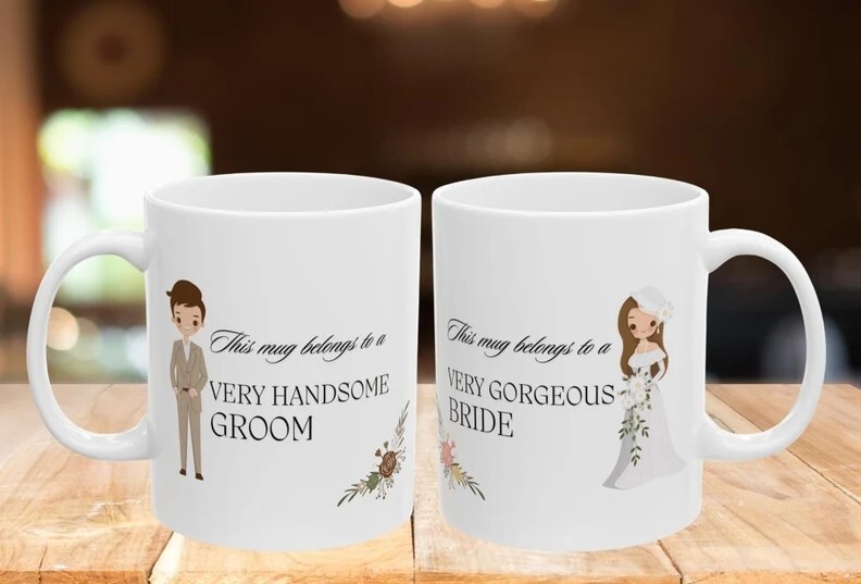 Wedding Couple Mug Cup Bridal Shower Set Handsome Groom / Gorgeous Bride