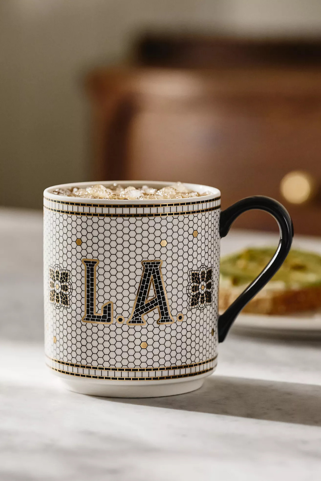 ANTHROPOLOGIE BISTRO TILE STONEWARE 24K GOLD ACCENT JETSETTER MUG LA LOS ANGELES