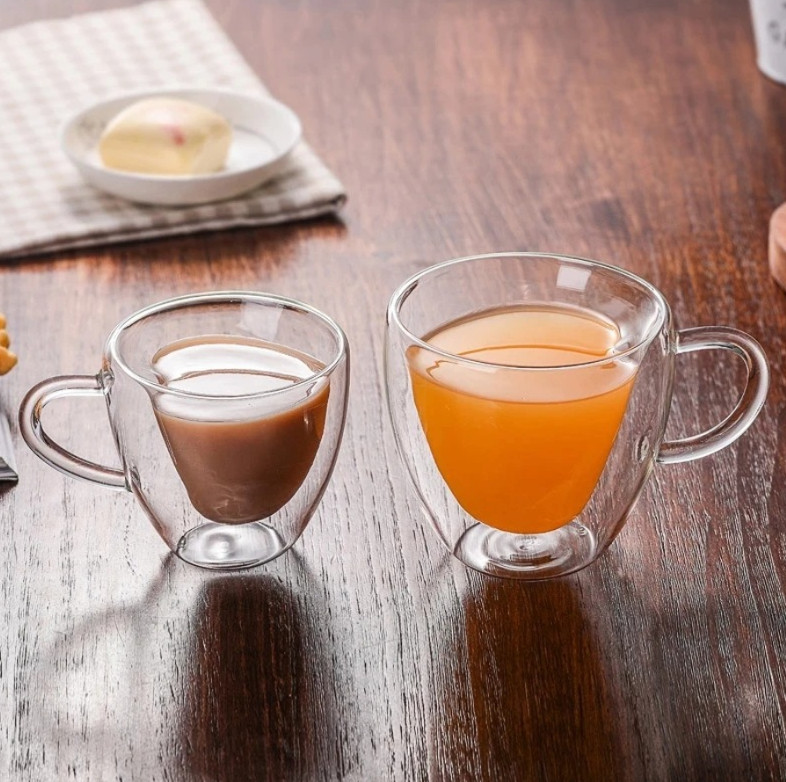 1pc Heart Shaped Double Glass Mug Heat-Resistant Coffee Tea Milk Cup – NEW