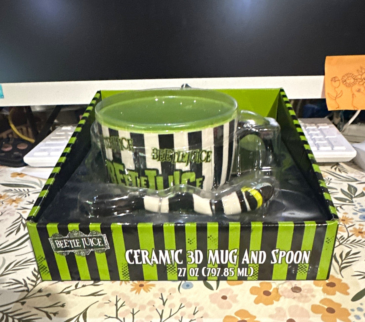 Silver Buffalo Beetlejuice Ceramic 27oz Mug & Spoon Set, Green/Black Striped