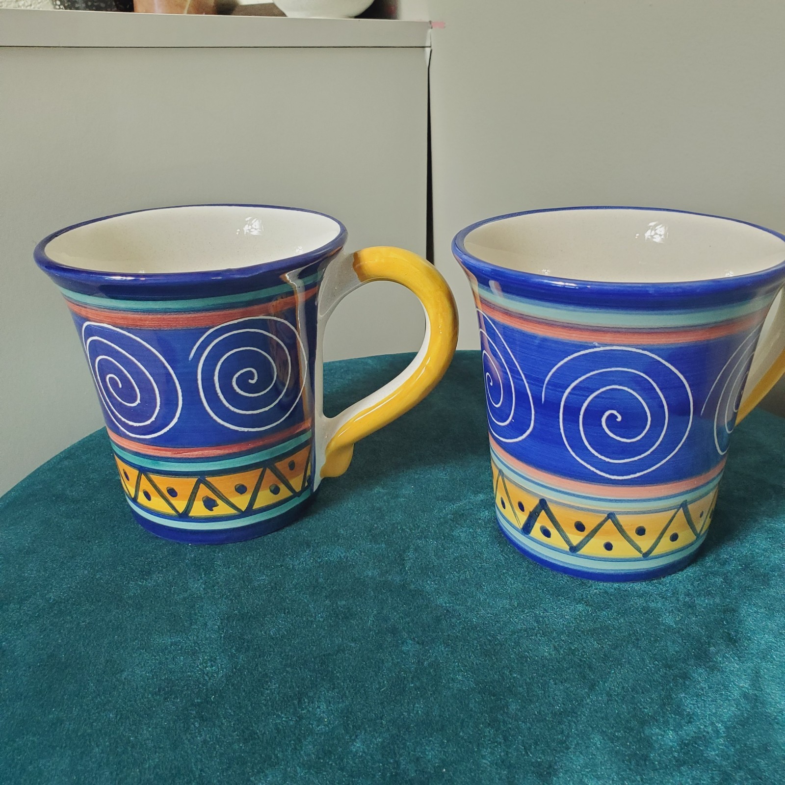Lot Of 2 Pier 1 Mugs Italian Swirl Hand Painted Earthenware Blue Yellow Italy