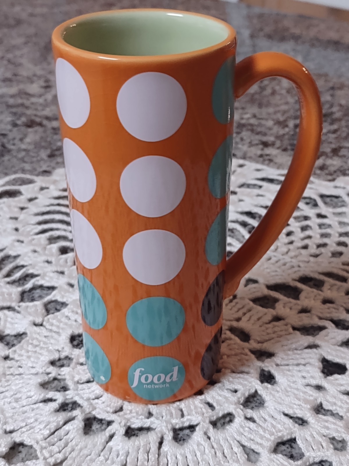 FOOD NETWORK 6” 10oz Skinny Tall Coffee Mug Orange, Green, Teal Dots Retro