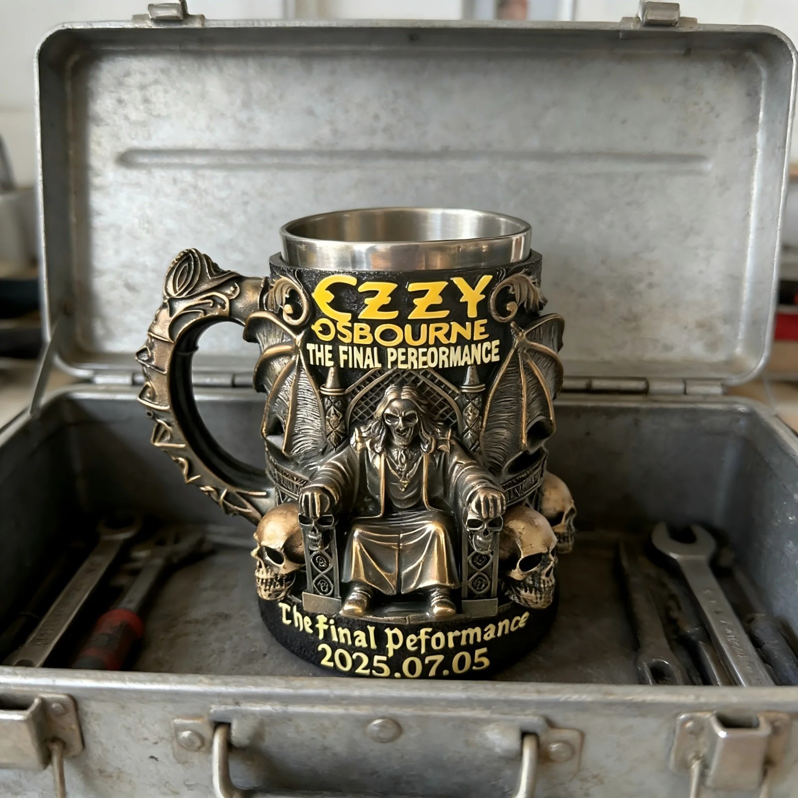 Halloween 3D Skull Mug Ozzy Osbourne Style Resin Beer Coffee Cup Stainless Steel