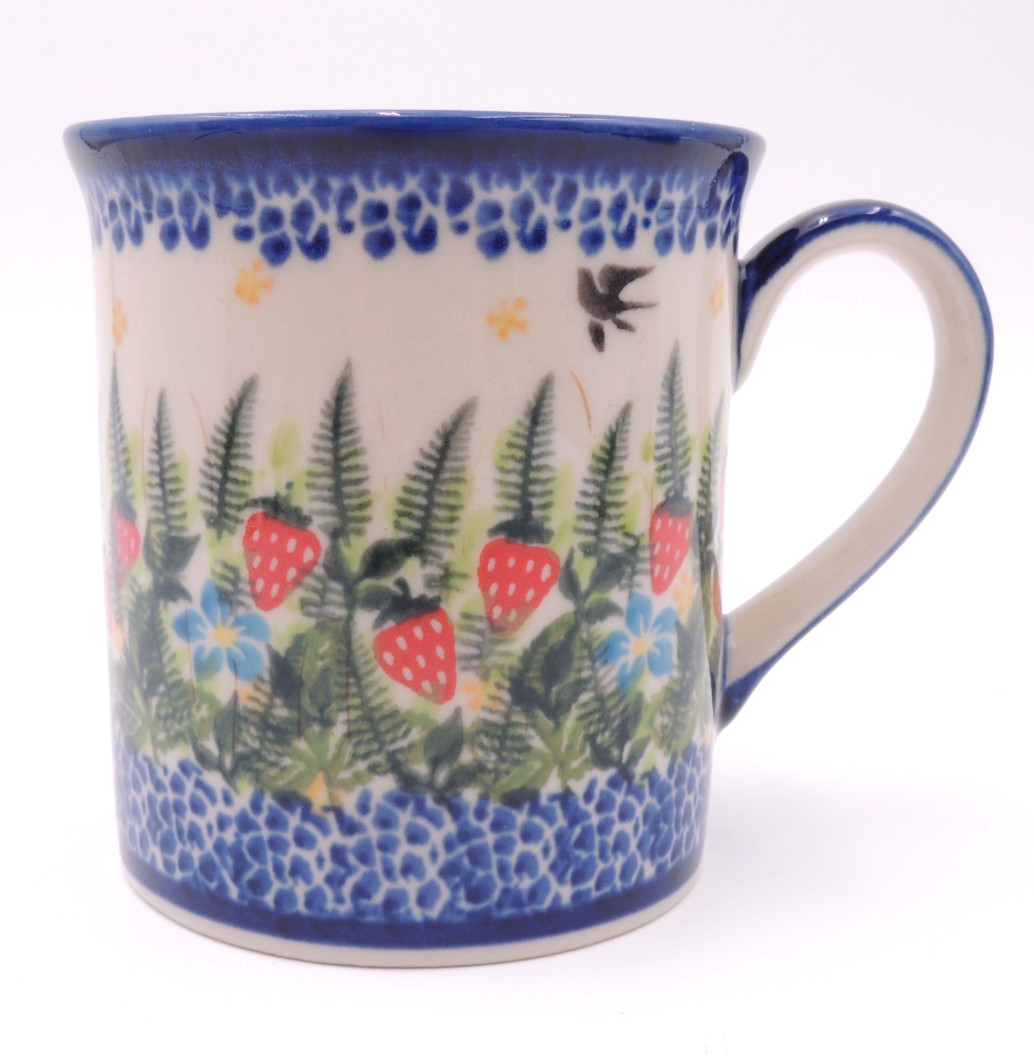 NEW Polish Pottery Cup Mug Kalich Boleslawiec #455 Strawberries Birds RARE