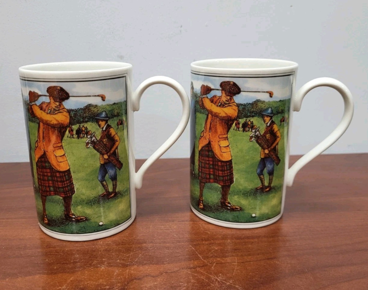 Dunoon Stoneware TWO GOLF CUPS MUGS Made in Scotland 4.25″ Tall Vivid Colors